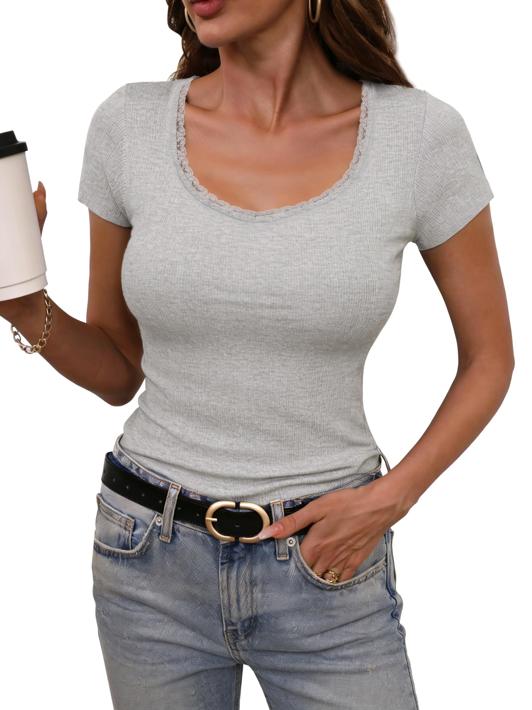 Terecey Tshirt Damen Basic Slim Fit Tops Sommer U-Ausschnitt Tee Elegant Kurzarm Shirts Stretch Ribbed Oberteile, Grau L