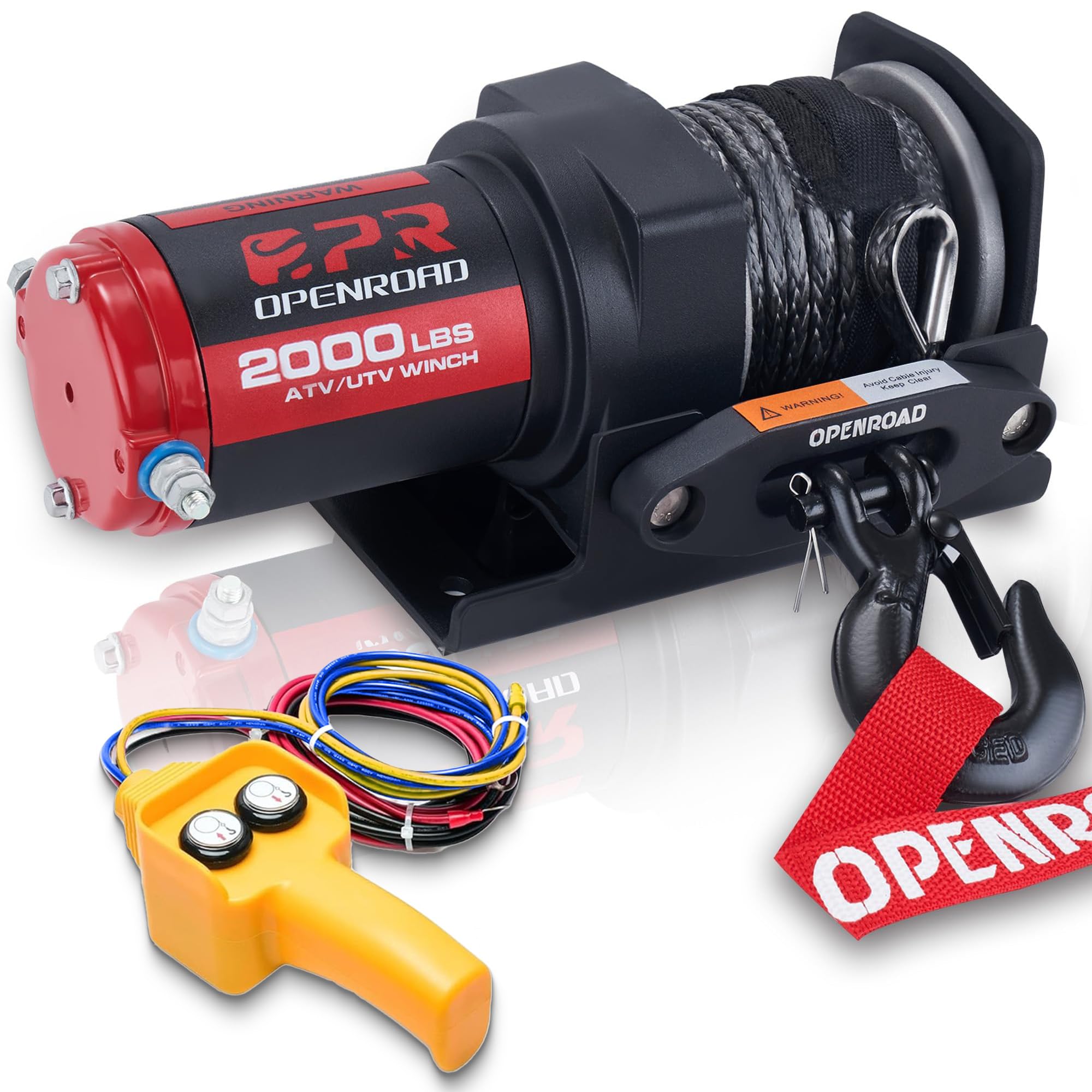 OPENROAD 2000 lb ATV/UTV Electric Winch, 12V Waterproof Winch with Synthetic Rope, Mounting Plate & Handle Remote, for Towing, Boats, Off-Road