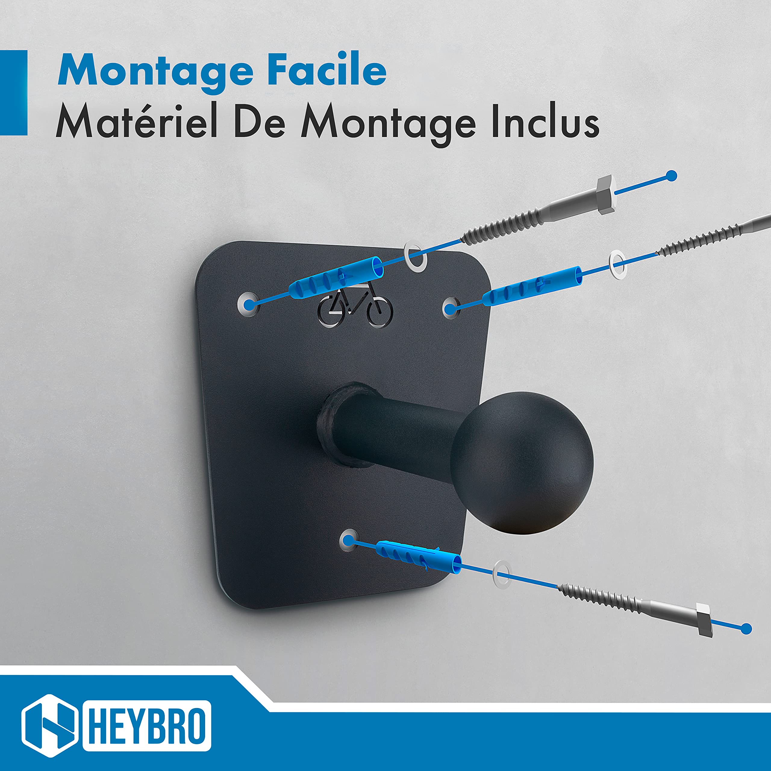 HeyBro Support mural universel pour porte-vélo de la marque accroches inclues- Support mural esthétique et idéal pour votre porte-vélo – Il attire le regard dans n’importe quel garage ou cave