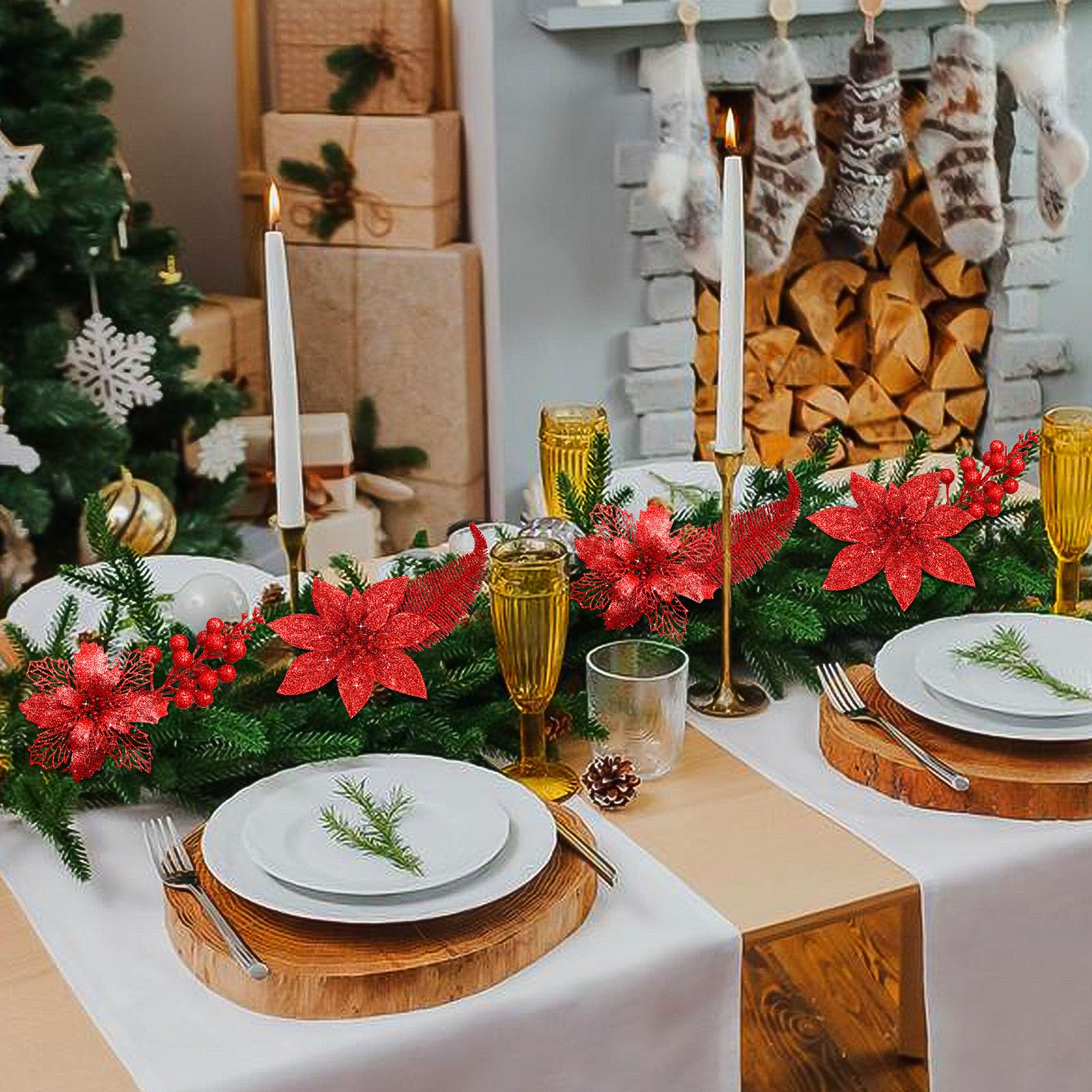 Yueshop Künstliche Weihnachtssterne, Glitzer, Weihnachtsstern, Weihnachtsbaumschmuck, Clips, Glitzer, künstliche Blätter, Beerenstiele für Hochzeit, Party, Kranz, Girlande, Weihnachtsbaumdekoration,