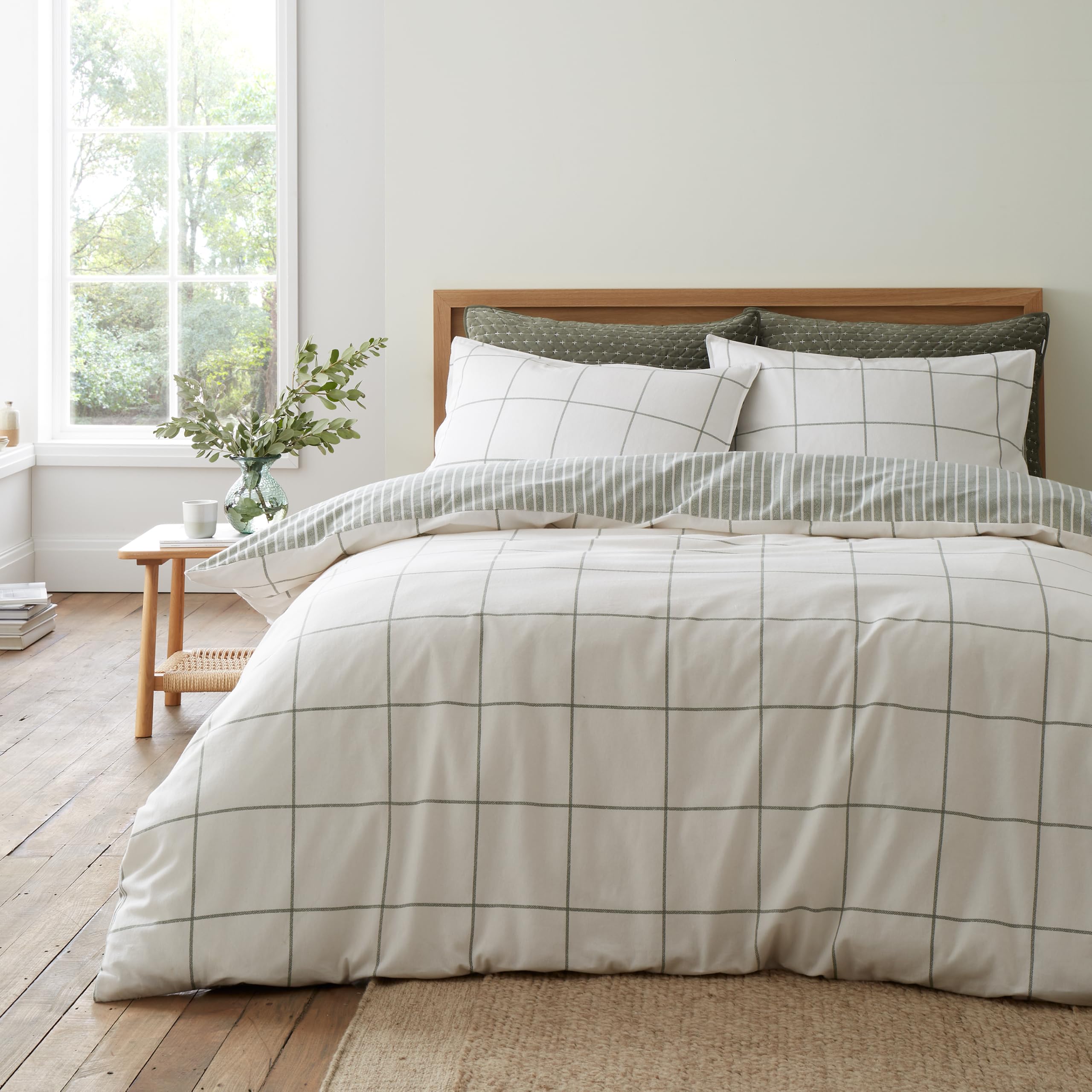 Bianca Brushed Regal Check Cotton King Duvet Cover Set Green