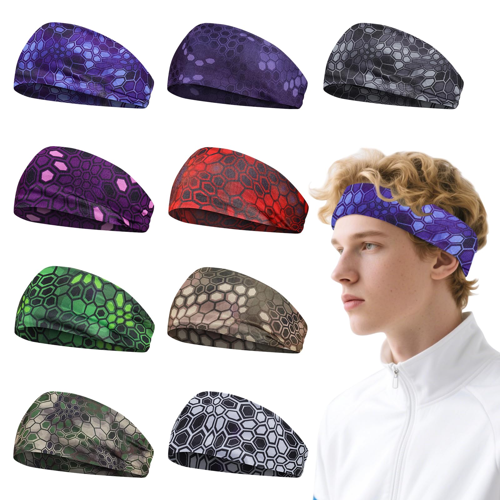 Sports Headband for Men 9 Pack Sweat Headbands for Men Running Workout Headbands Wide Sweatband Mens Stretchy Headband for Running Cycling Football Basketball Yoga (Modern Style, 9)-image-39