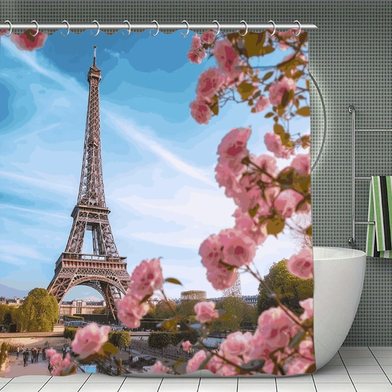 FekiLoot Paris Eiffel Tower with Flowers Shower Curtain Minimalist Thick Bathroom Curtain Washable Modern Bathroom Shower Curtain Heavy Duty Waterproof Cloth Bath Curtain with Hooks 70.8"x70.8"