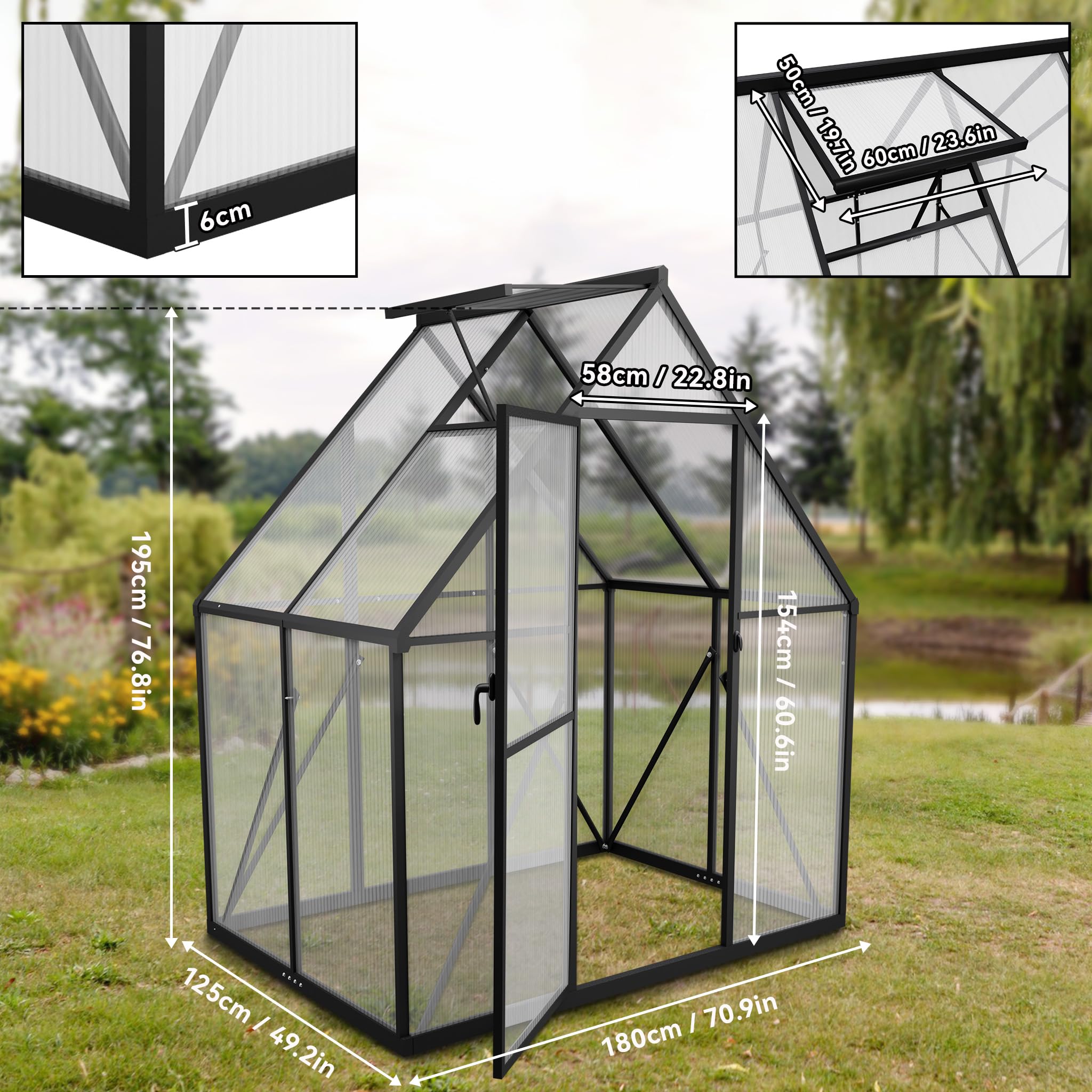 Aufun Premium Gewächshaus Aluminium, 2.25m² Gartengewächshäuser mit 6 cm Fundament und 4 mm PC Platte Treibhaus Tomatenhaus Gartenhaus UV beständig Wetterfest für den Garten, 125x180x195 cm
