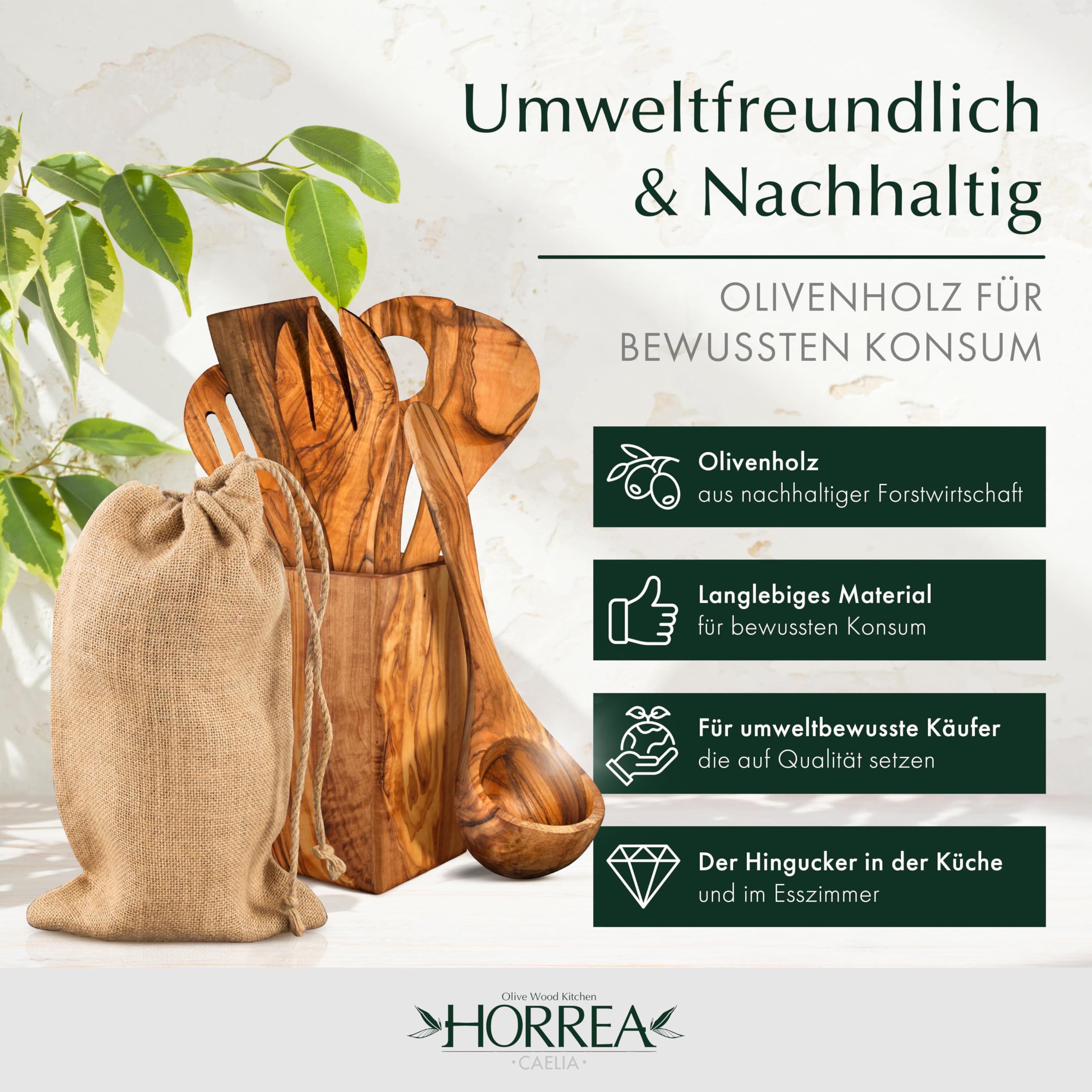 Juego de utensilios de cocina de madera sostenible: juego de cubiertos de madera con espátula, cucharón, cuchara para servir + saco de olivo. Juego de 8 piezas de cocina de alta calidad y sostenible