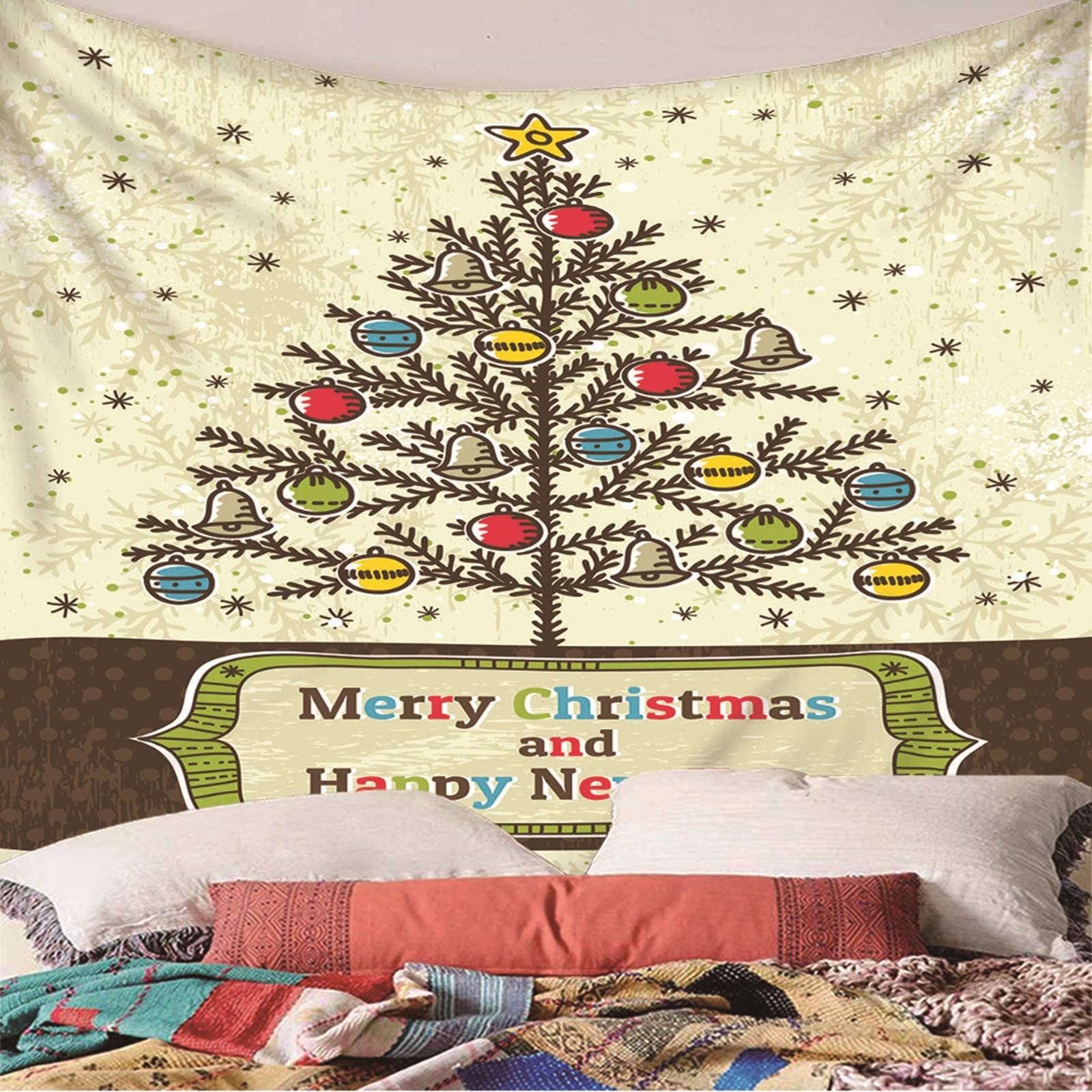 Tapiz Liso Pared, Decoracion Navidad Ventana Árbol de Navidad, Y, Campana, Copo de Nieve Beige Marrón Verde Poliéster Tapiz Pared Decoration 350X256cm