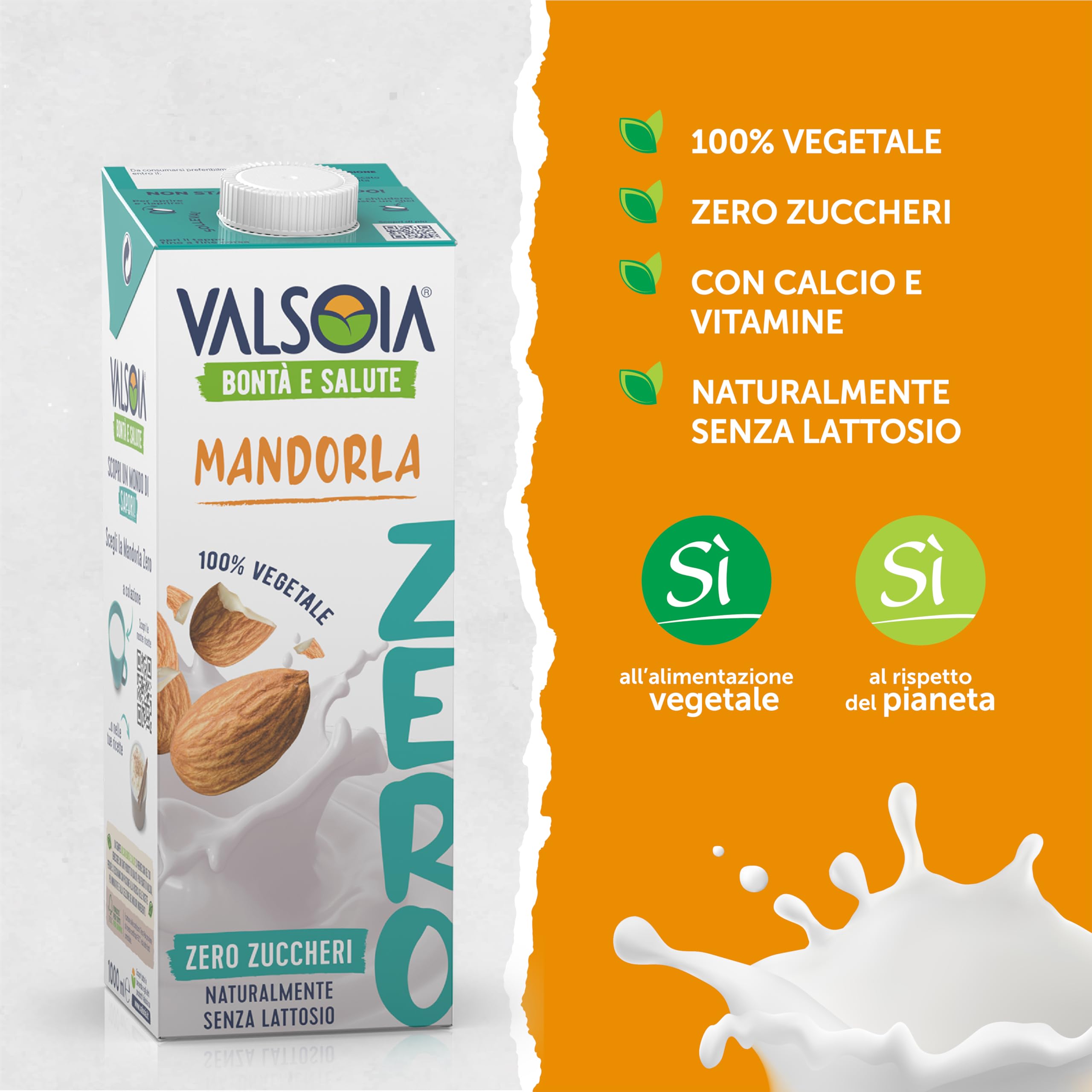 Valsoia - Bevanda Mandorla Zero Zuccheri, Box da 10 Tetra Brik da 1000 ml, 100% Vegetale, Senza Lattosio e Glutine, con Calcio e Vitamine, Ideale anche per Vegani, Vegetariani e Celiaci