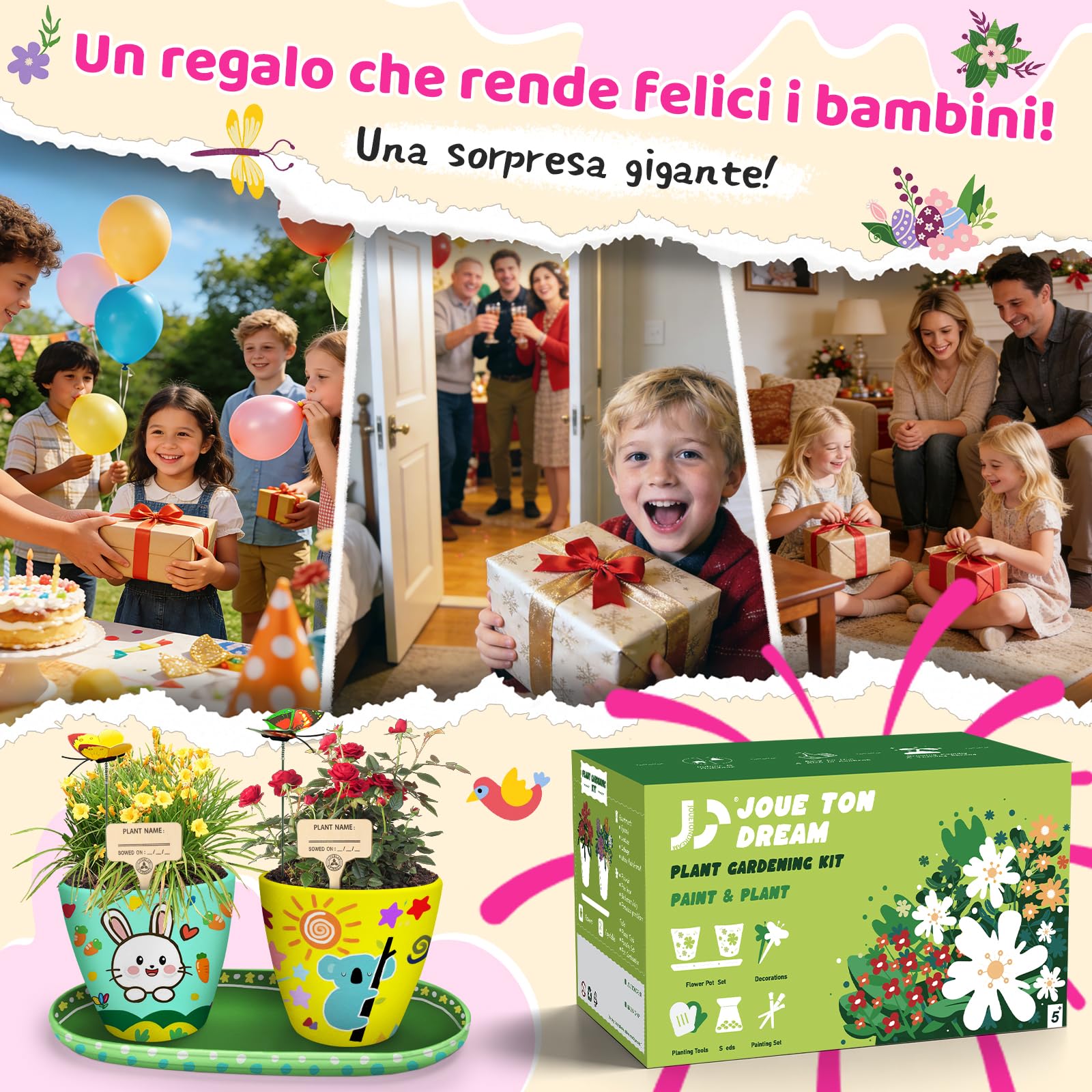 IEEILULU Set Giardinaggio Bambini, Kit Pittura Vasi 35 Pezzi, Colorare Bambini Fai da Te, Set di Artigianato Regalo di Compleanno per Ragazze e Ragazzi 4-14 Anni