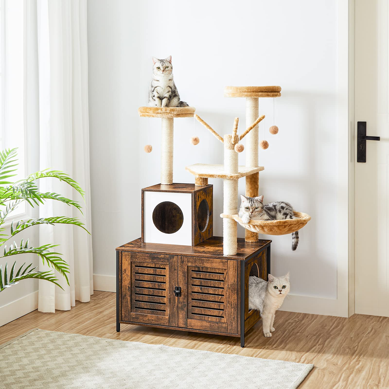 HOOBRO Arbre avec Maison de Litière en Bois avec Tour pour Chat, Bâton taquin à Pompon Amovible, Piliers en Sisal, Marron Rustique EBF14MZ03