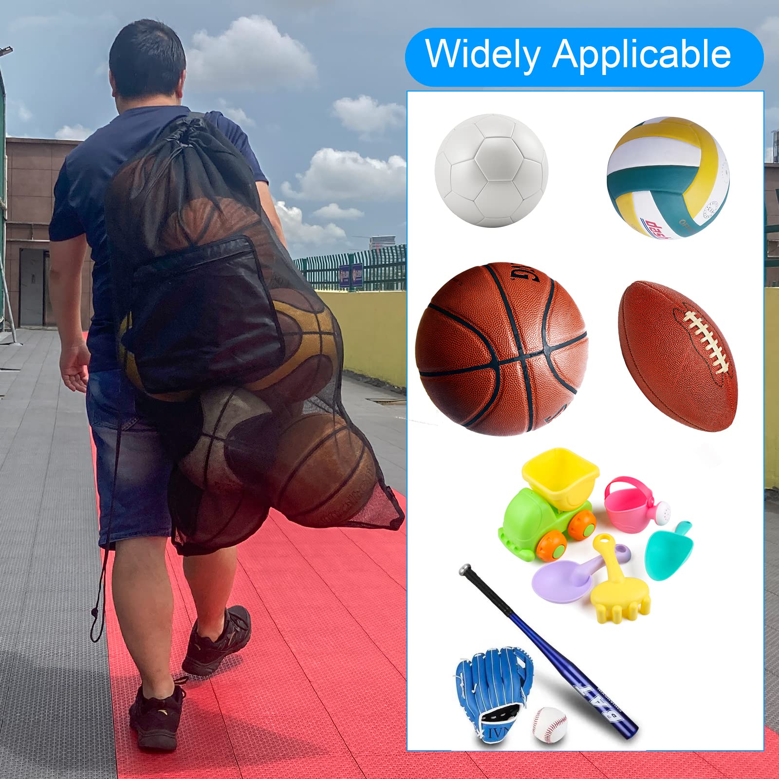 Cosmos Sport Balltasche Mesh Equipment Bag Team Sports Drawstring Bag Large Mesh Net Bag, with Adjustable Strap & Front Pocket for Basketball, Volleyball, Soccer, Rugby, Water Sports and Beach Event
