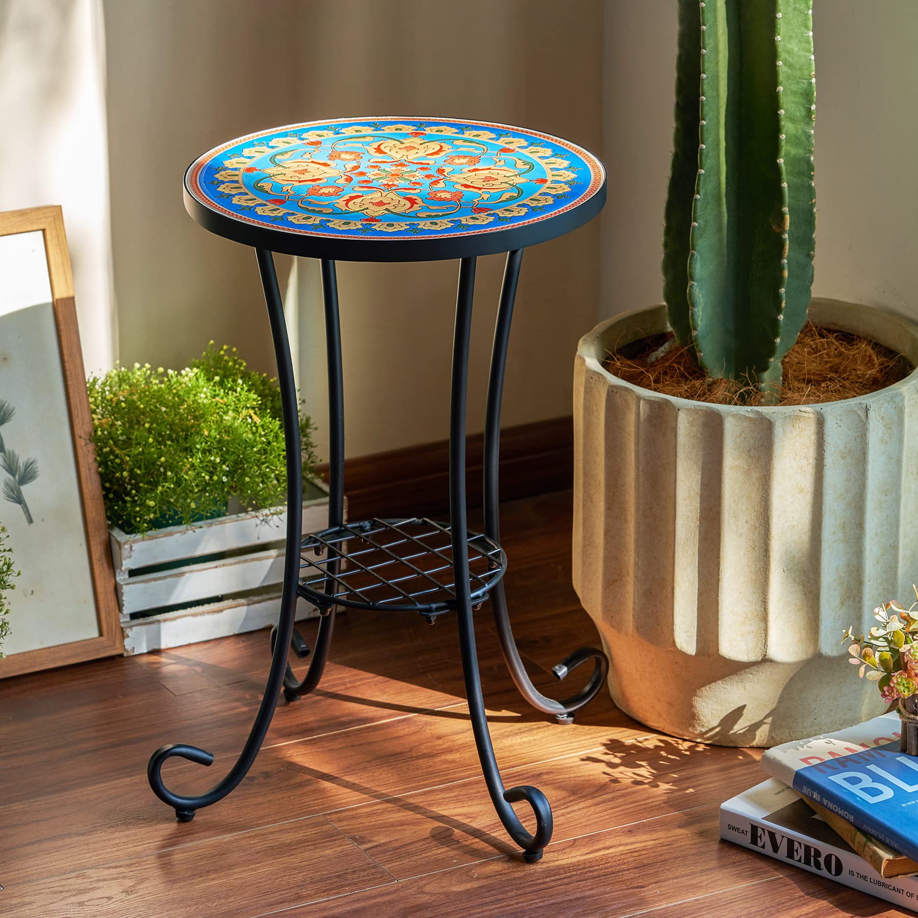Mesa auxiliar de patio y soporte para plantas, mesa auxiliar de 21 pulgadas con parte superior de azulejos de cerámica de 14 pulgadas para decoración de porche, jardín, mesa decorativa para 4