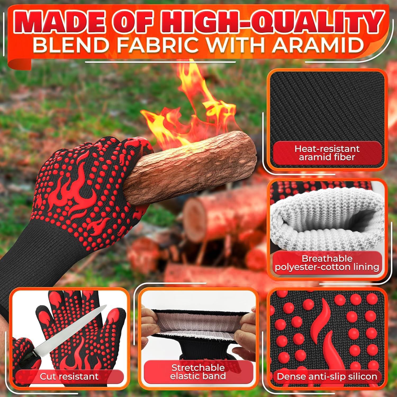 BBQ Gloves, Oven Mitts Grilling Gloves, 1472℉ Extreme Heat Resistant Oven Gloves - Image 3