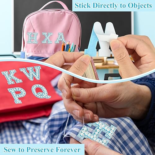 Miniatura 10 de Morcheiong 52 parches de letras con diamantes de imitación de perlas autoadhesivos A-Z, parches de letras de perlas para ropa, tela, mochila (blanco)