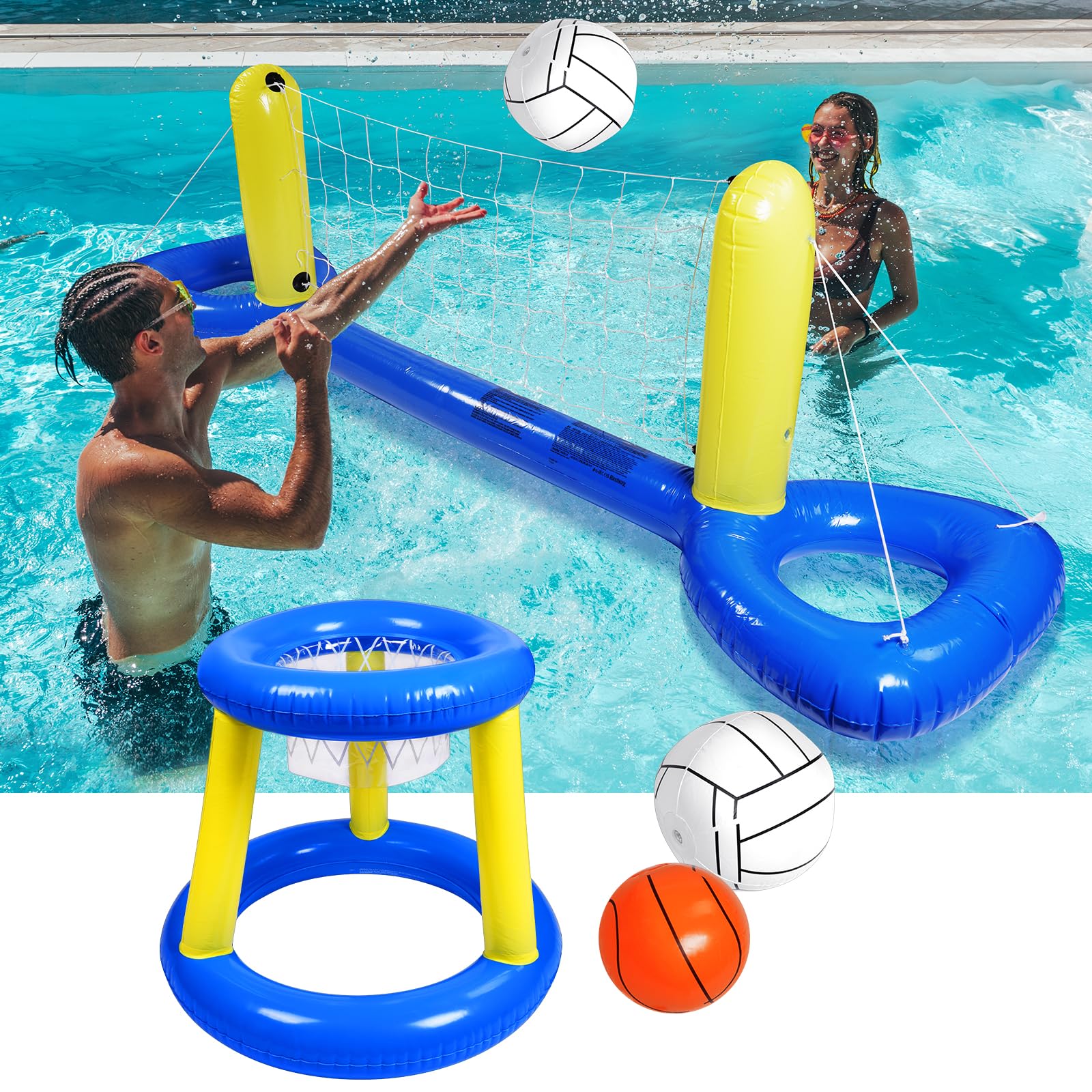 OSDUE Aufblasbares Volleyball-Set, Pool Float Set mit Netz, Körben & Bällen für Kinder und Erwachsene