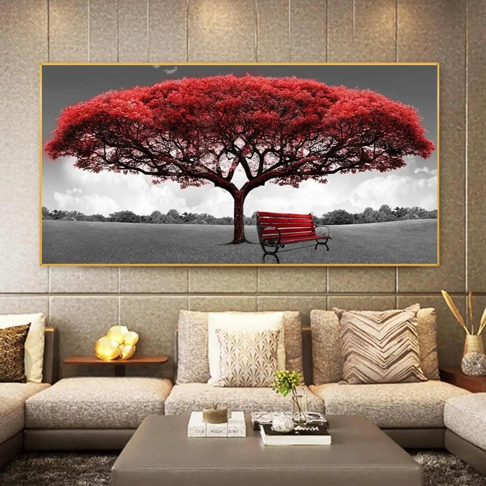 Pintura moderna de gran tamaño, impresiones en lienzo, carteles, Red Get Rich, paisaje de árbol, pinturas de paisaje, arte de pared, decoración del hogar, imágenes de 60x105cm/24x41in con marco
