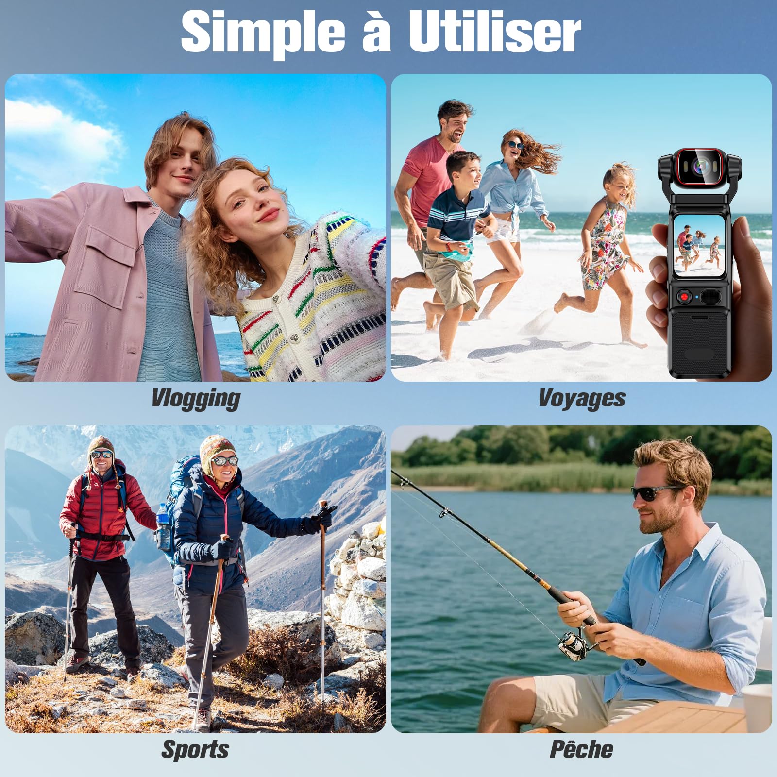 Caméra d'action WiFi 4K, Caméra Vidéo Sportive 160°, Caméra Portable de Poche avec Objectif Rotatif à 180° et Écran Tactile de 1,69 Pouces, Caméra Vidéo Numérique pour Vlog de Voyage