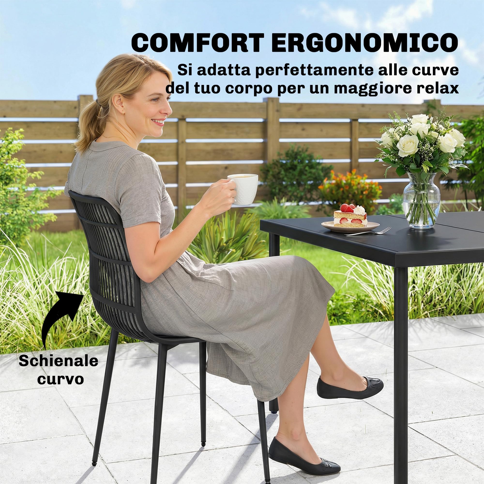 Outsunny Juego de 4 sillas de jardín de polipropileno con respaldo ergonómico, sillas para comedor de exterior de metal, para patio, balcón, terraza, exterior, 46 x 51 x 84,5 cm, negro