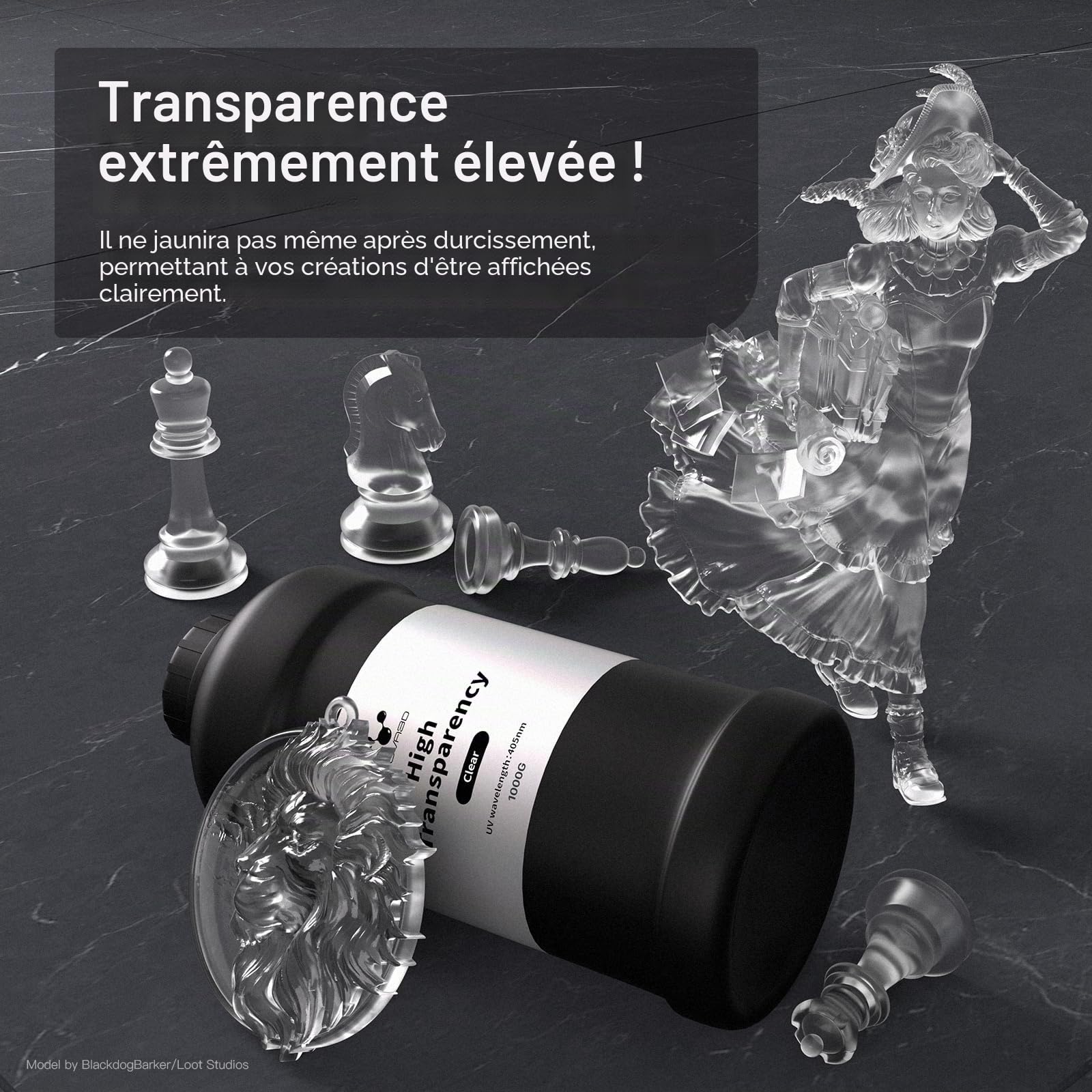 NOVA3D Résine d'impression 3D hautement transparente - Anti-jaunissement - Robuste - Faible odeur - Durcissement UV 405 nm - Pour imprimante 3D LCD/DLP (1000 G)