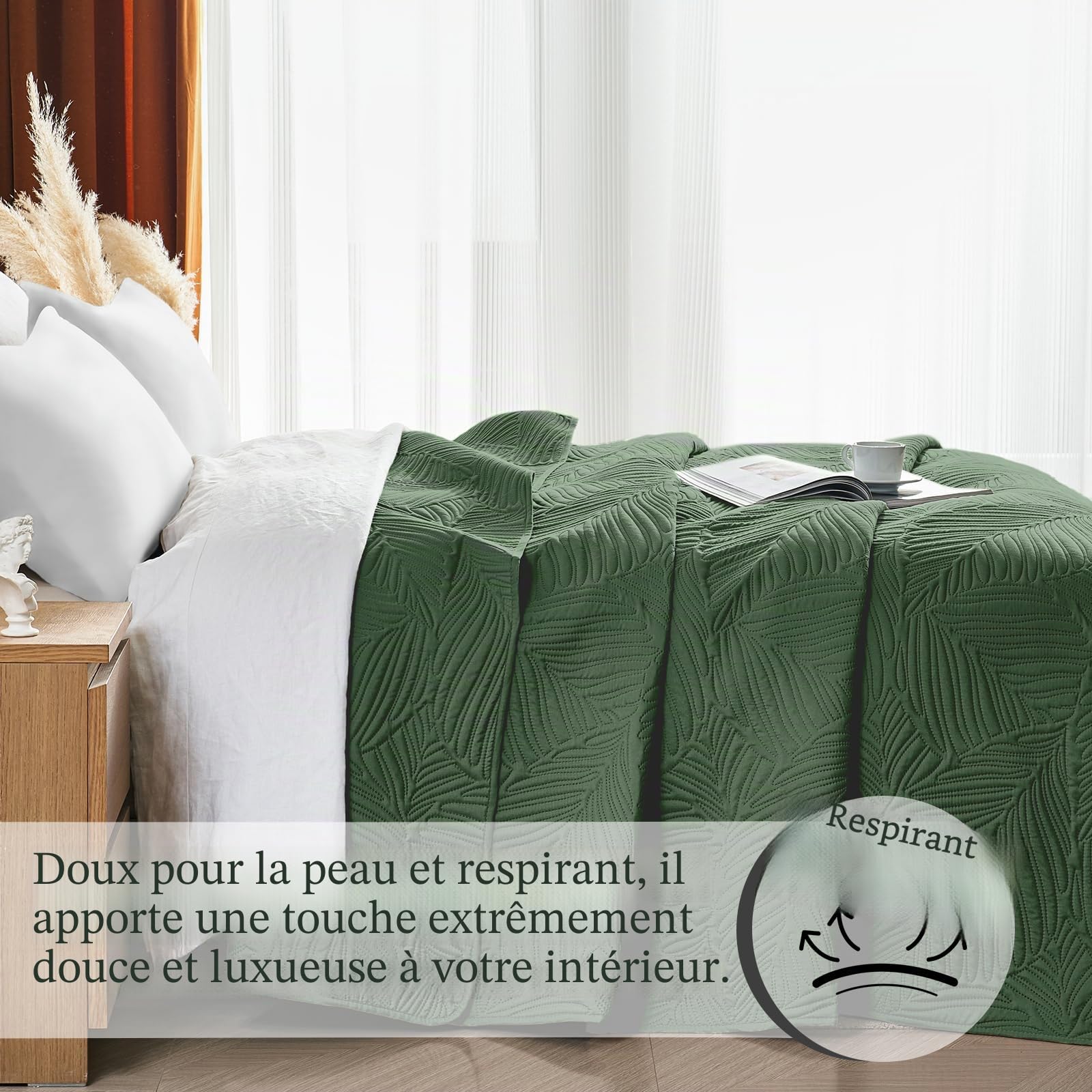 Couvre-lit 170x210 cm Vert,Boutis Matelassé en Polyester Doux,Motif Feuilles Décoratif,Confort Léger et Doux,pour Lit Double et Canapé,Convient à Toutes Les Saisons