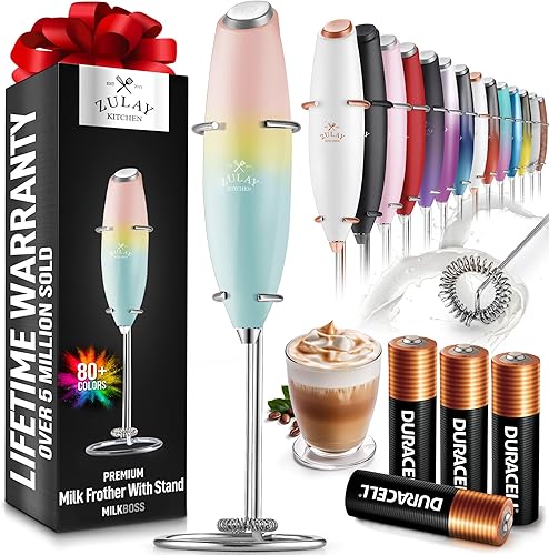 Miniatura 234 de Zulay - Potente espumador de leche con 4 pilas Duracell incluidas, manual, potente espumador de leche para capuchino, frappé, matcha y crema de