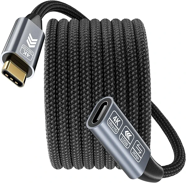 HOTUTUKI USB C Extension Cable 20FT, 20Gbps/100W USB3.2 Type C Extender Cord, 4K@60Hz Video Output Nylon Braided USB C Male to Female Extension Charging Cable Compatibility with Thunderbolt 4/3