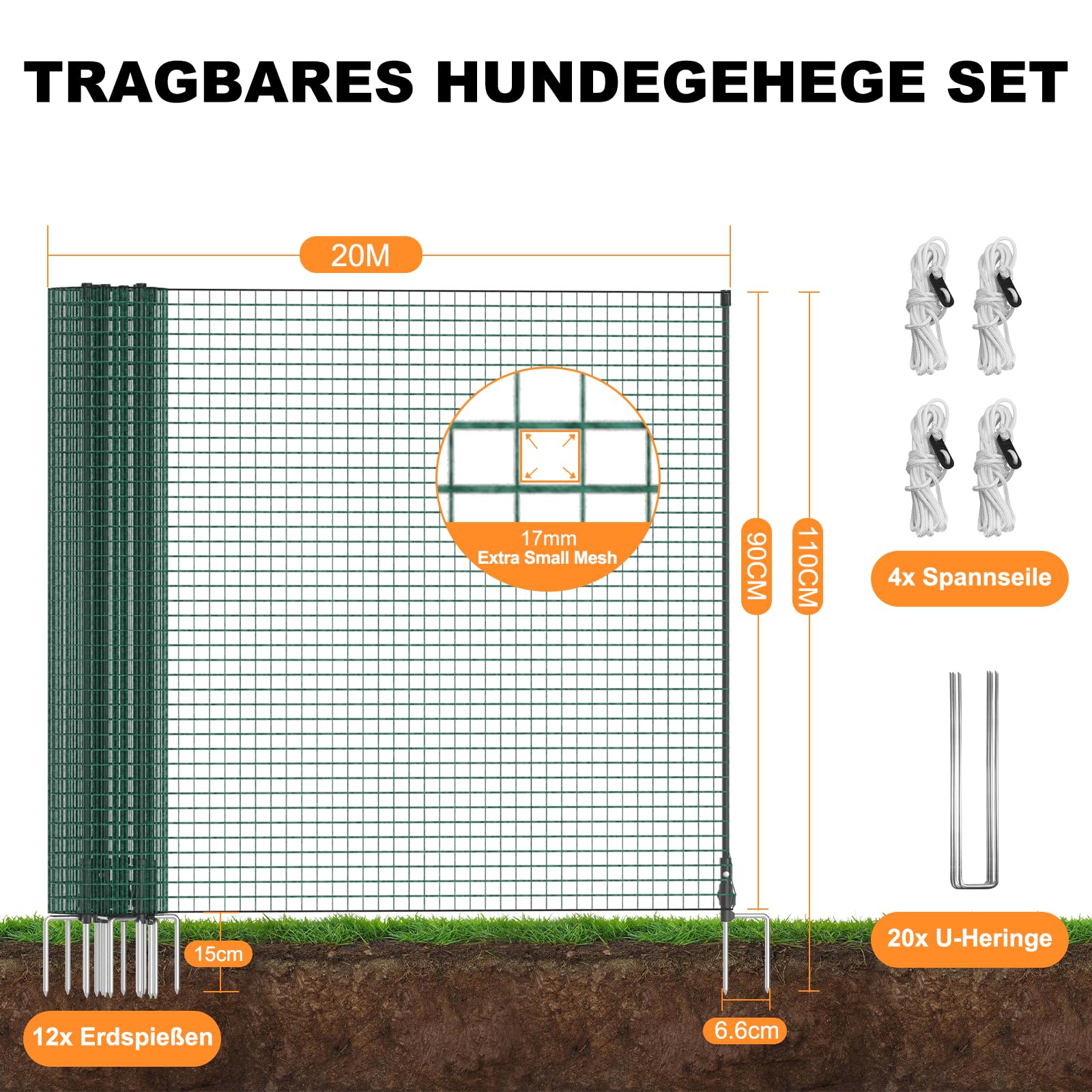 TEOV Mobiler Hundezaun 20m x 0.9m, Tragbarer Camping Zaun Komplett-Set, Universal Begrenzungszaun für Garten, Weide & Outdoor, Einfache Installation ohne Werkzeug