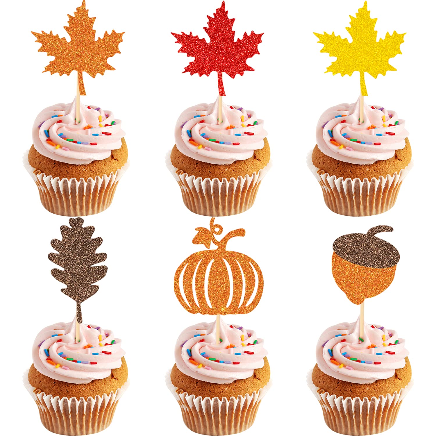 MZ.ogm 48 Pcs Pumpkin Cupcake Toppers-Thanksgiving Cupcake Toppers, Glitter Maple Leaf Cupcake Topper Picks,Chestnut Cupcake Toppers,Cupcake Toppers for Fall Harvest Decorations