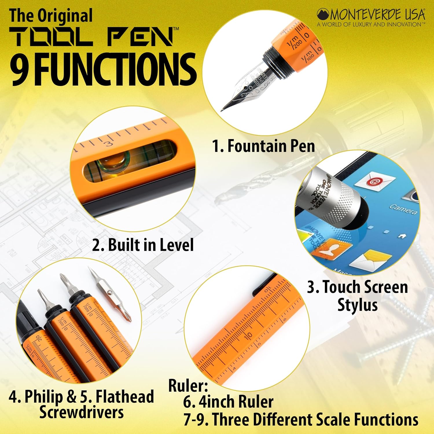 Monteverde USA 9-in-1 Tool Fountain Pen in Orange – Medium Nib, Multifunctional Pen with Stylus, Screwdrivers, Level, and Ruler – Exclusive Collection, Ideal Gift for Professionals