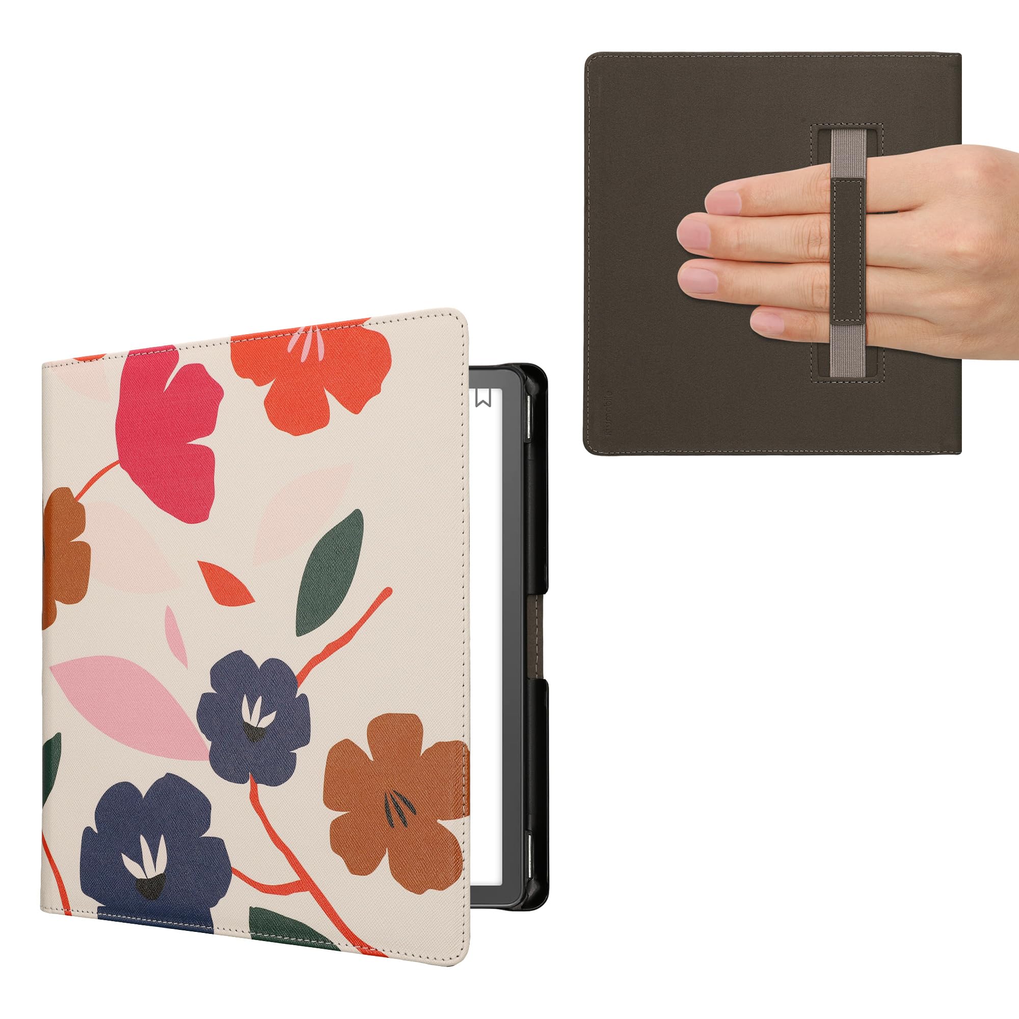 kwmobile Schutzhülle für Amazon Kindle Scribe (2022/2024) Hülle - eReader Flip Case mit Handschlaufe und Auto Sleep Funktion - Blumen Farbenfroh mit Pink Dunkelblau Creme