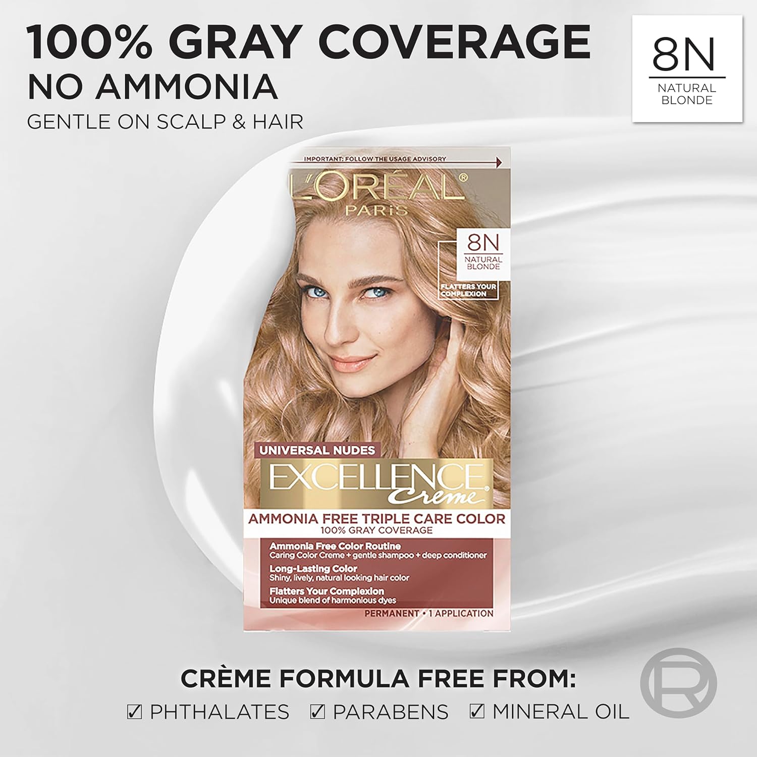 L’Oreal Paris Excellence Universal Nudes Permanent Hair Color, Ammonia Free Hair Dye for Gray Hair Coverage, 8N Natural Blonde, 1 Hair Dye Kit