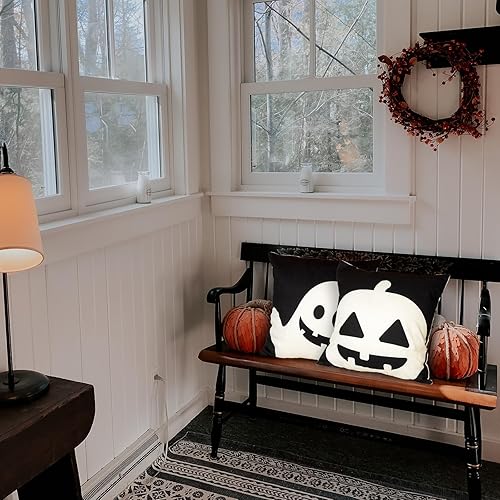 Miniatura 3 de ONWAY Juego de 2 fundas de almohada decorativas de Halloween de 16 x 16 pulgadas, diseño de calabaza fantasma, para otoño, casa de campo, patio,