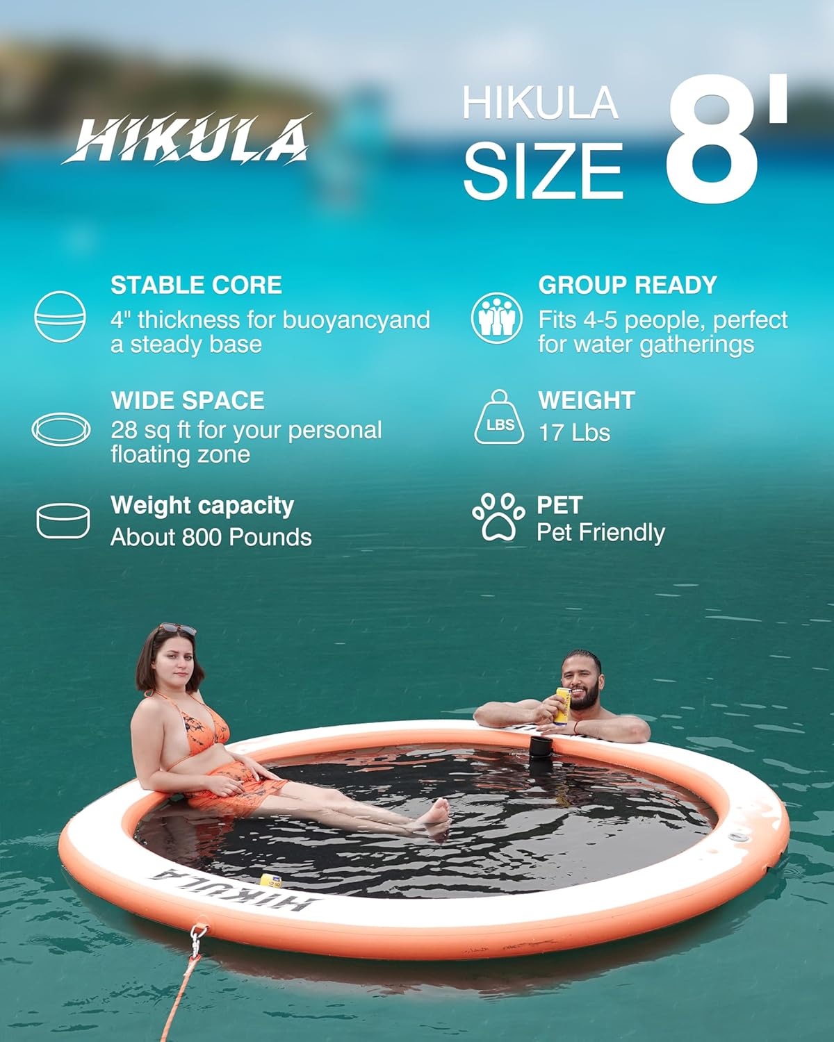 inflatable round floating ring - water hammock dock, sunmmer mat raft platform, heavy duty floats for lake and beach with water ladder and cup holder,8ft/10ft orange 8 ft