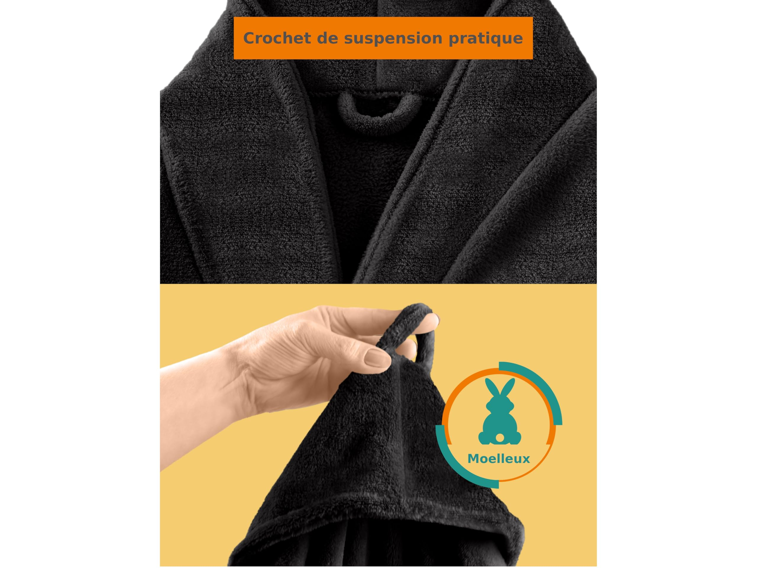 npluseins Peignoir de bain en polaire moelleuse avec col châle – Femme & Homme, XXL, Noir