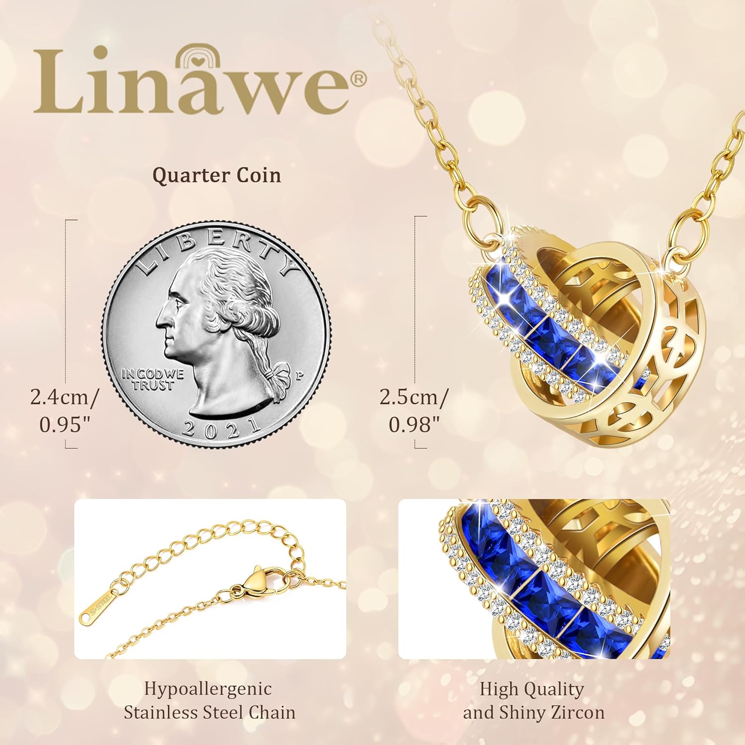 Linawe Moissanite Crystal Imitation Diamond Necklace for Women Trendy, Birthstone Rhinestone Dainty Jewelry, Circle Pendant Stainless Steel Chain Necklaces, Gold, Rose Gold and Silver Tones - Image 2