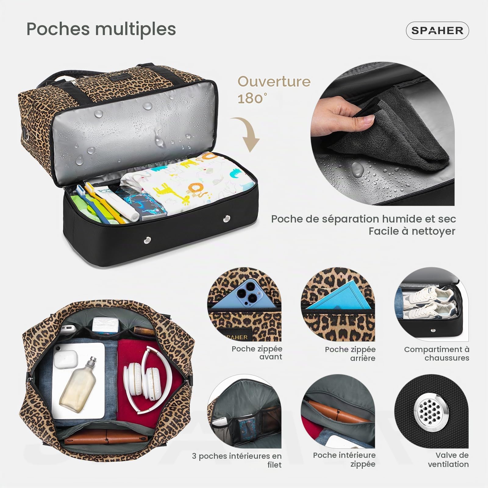 SPAHER Sac de Voyage Cabine Avion 45x36x20 Easyjet Bagage Cabine Sac de Sport Weekend Maternité Femme avec Compartiments Chaussures et Humide Imperméable 30L Bagage a Main avec Trousse de Toilette
