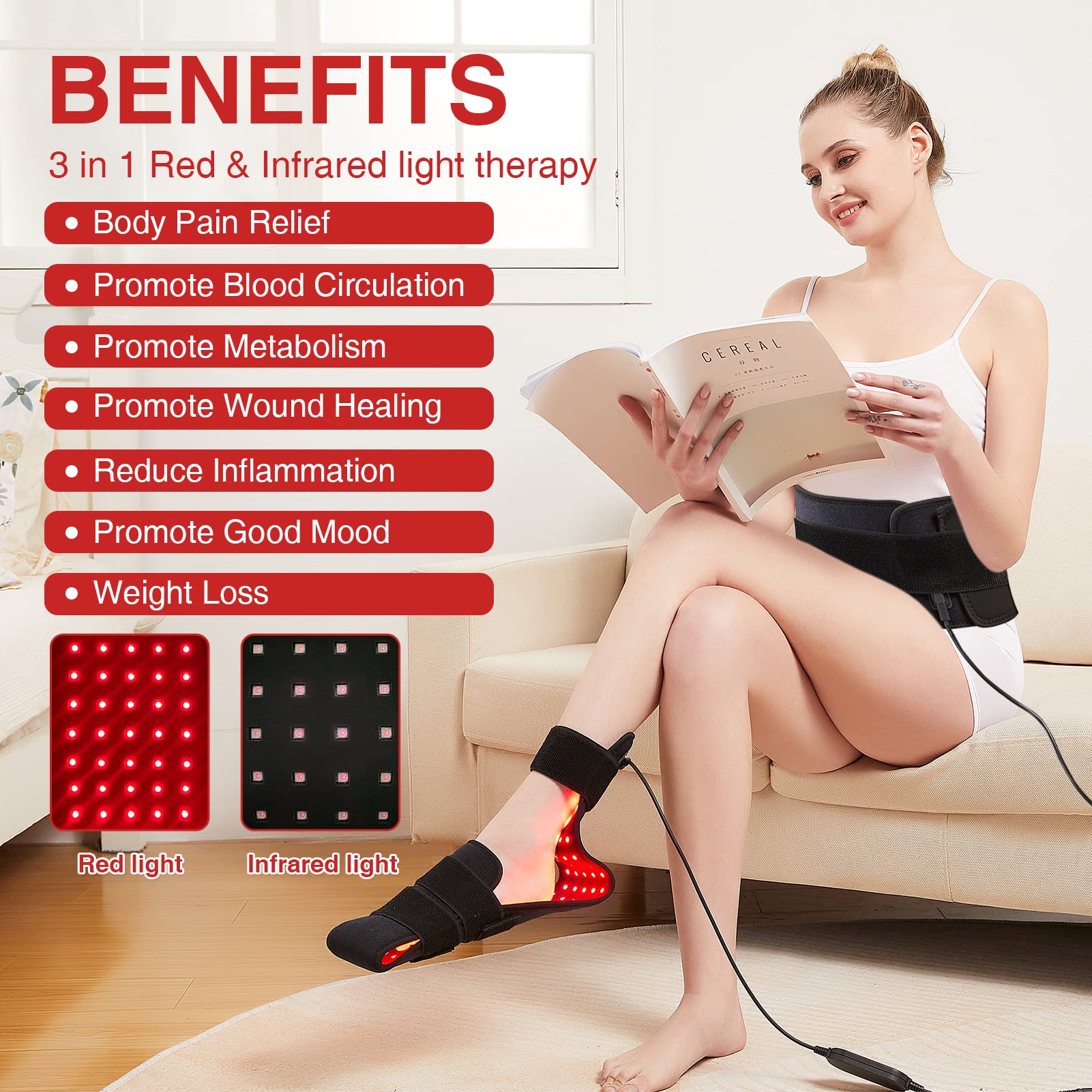 JOBYNA Ceinture de Thérapie par la Lumière Rouge et Infrarouge pour les Pieds, 640nm 660nm 880nm Luminothérapie, LED Red Infrared Light Therapy Lampe Infrarouge pour Corporelle Douleur