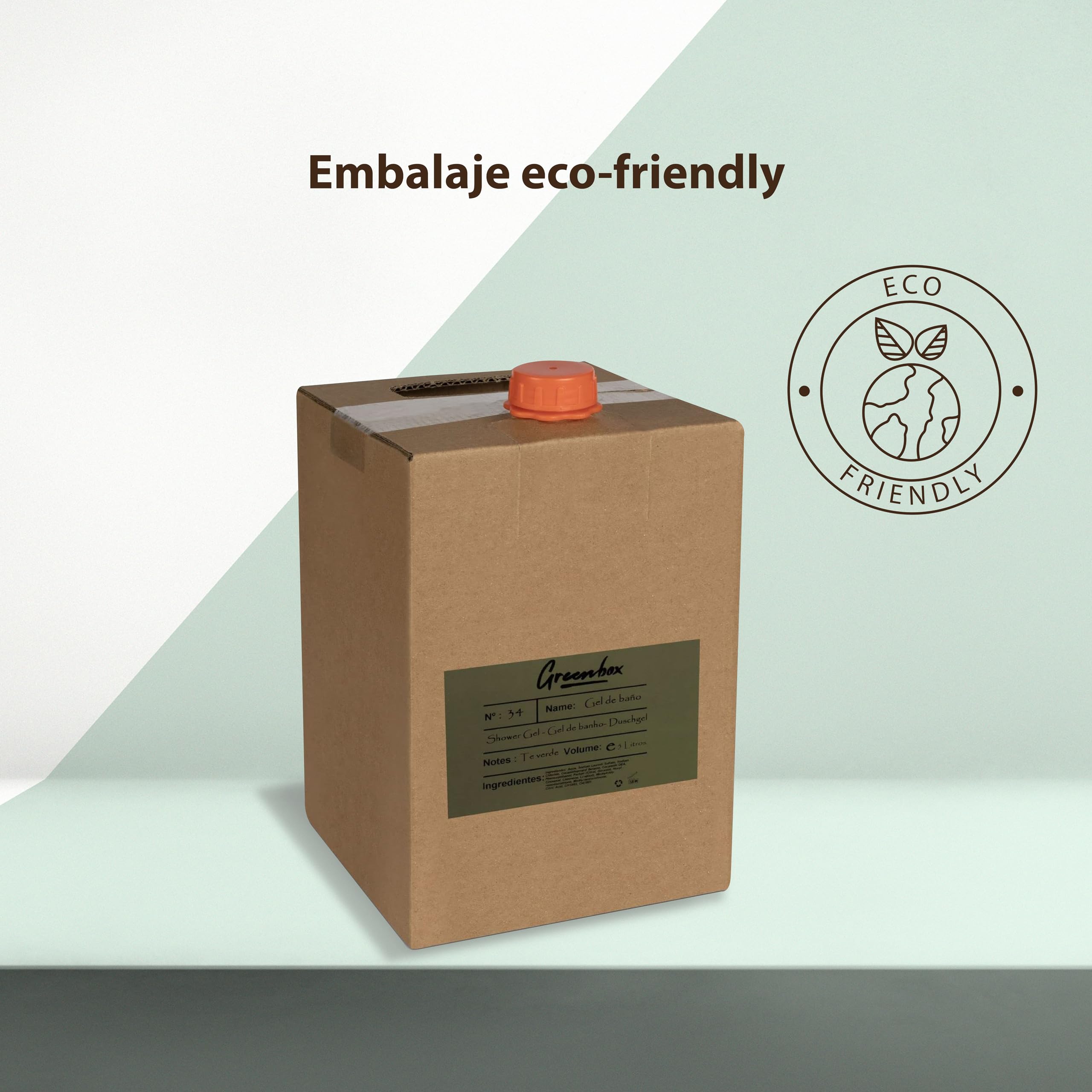 Ricarica gel doccia in "bag in box" BIO - gel doccia idratante all'aroma di tè verde, 5L. Imballaggio ecologico e maniglia per il trasporto. Risparmia denaro e aiuta l'ambiente.