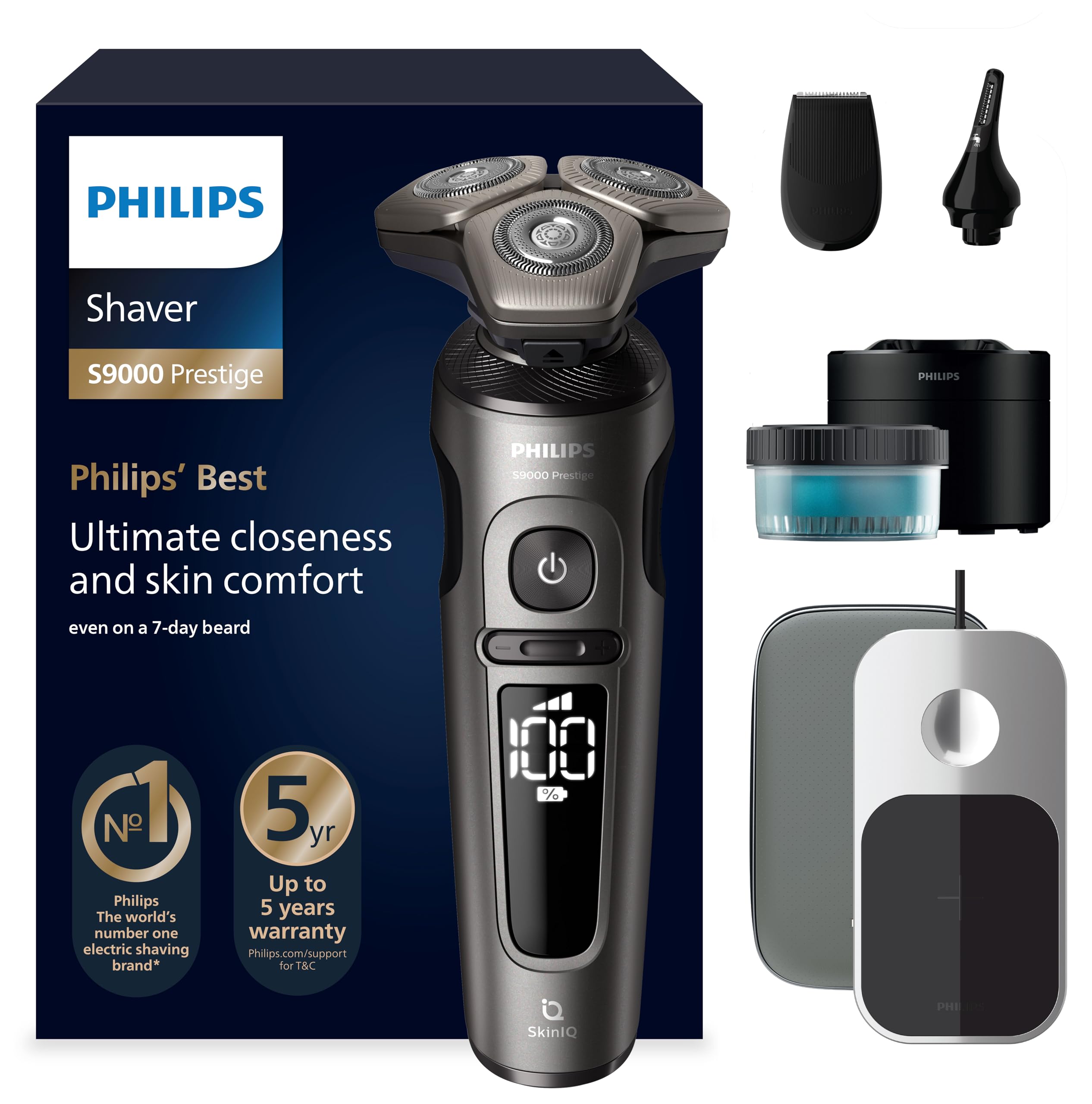 Philips S9000 Prestige, Afeitadora Eléctrica Hombre, Máquina de Afeitar Barba en Seco y Mojado con Tecnología SkinIQ, Funda Premium, Carga Qi, Recortador de Precisión, Centro de Limpieza, SP9882/36
