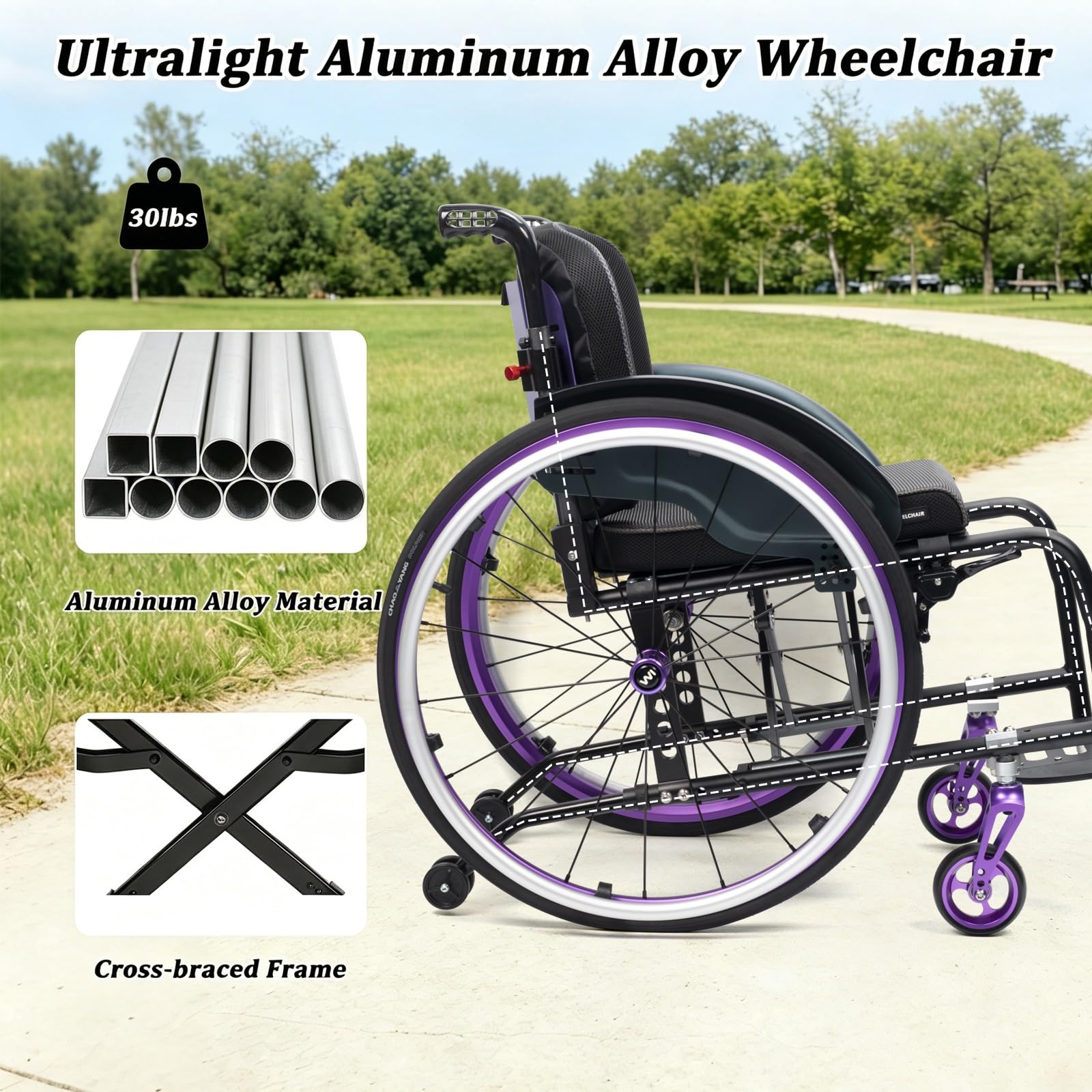 Lekki składany wózek inwalidzki aluminiowy wózek inwalidzki, hamulec ręczny, tranzytowy, aluminium, dla osób niepełnosprawnych (niebieski, 42 cm/16,5 cala)