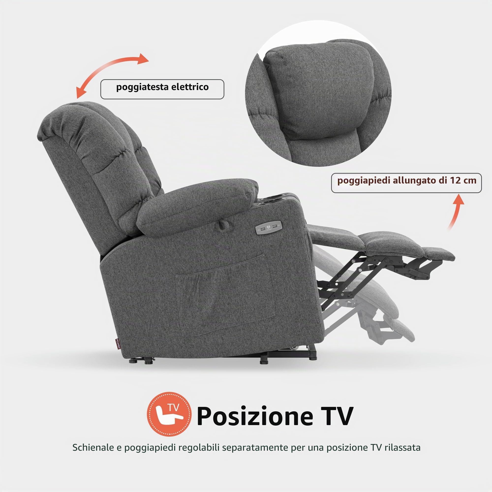 MCombo M poltrona elettrica con 3 motori, schienale e poggiapiedi regolabili, funzione di relax e reclinazione fino a 170°, Testa regolabile 7550 (Grigio)