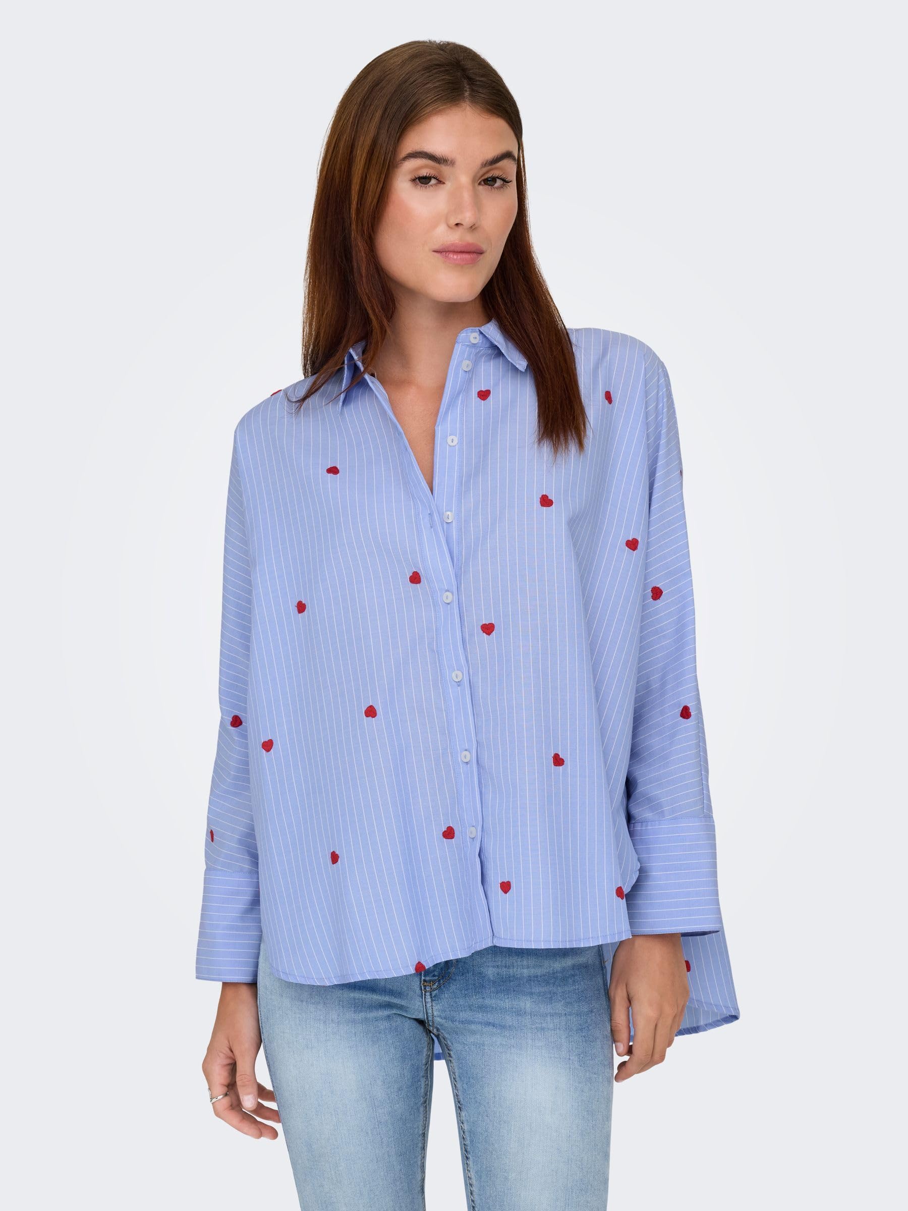 ONLY Onlnew Lina Grace LS Stripe EMB Shirt Femme Chemise Manches Longues Bleu