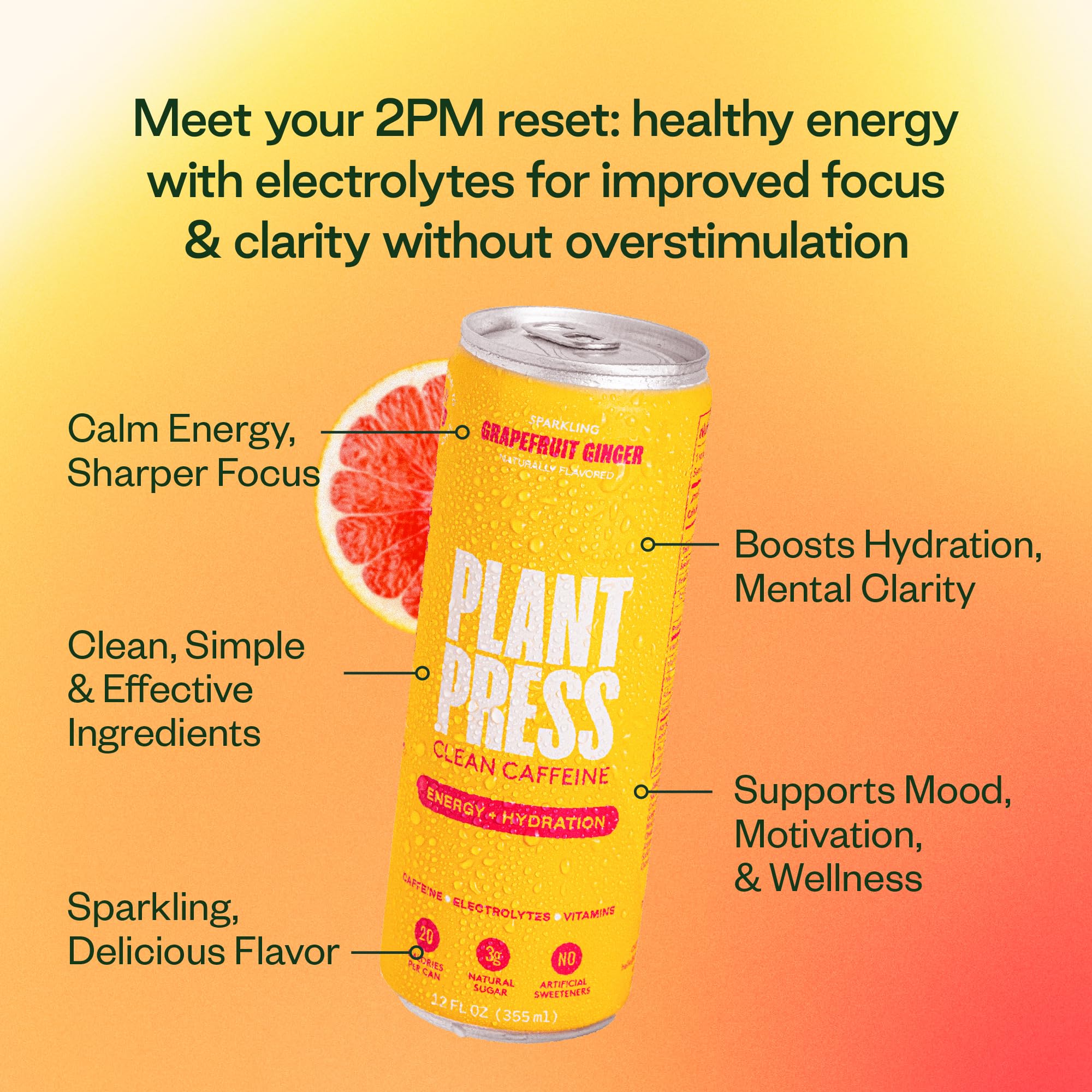 Plant Press - Organic Energy Drink, 100 mg Caffeine Clean Coffee Alternative, Full Range of Vitamins, Electrolytes, No Sugar Alcohols, No Preservatives - Grapefruit Ginger (12 Fl Oz, 12 Pk)