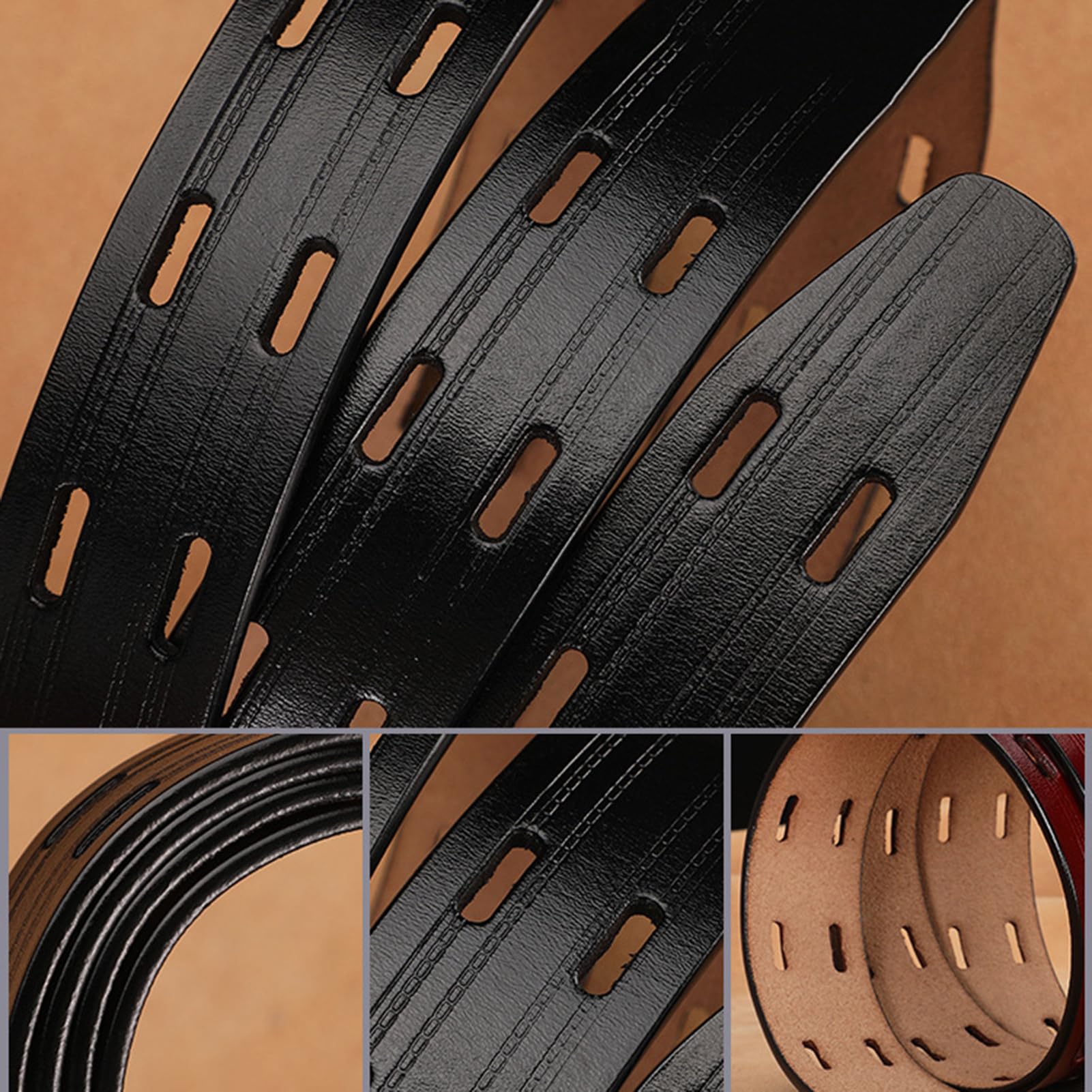 Cinturón De Cuero Plena Flor Resistente, Hebilla Rodillo Doble Punta 1 3/8 Pulgada, Cinturón Trabajo Informal Hecho A Mano For Jeans, Negro 120 Cm