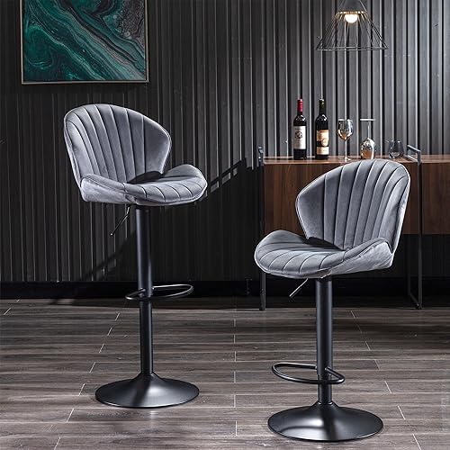 Miniatura 6 de Juego de 2 taburetes de bar, taburetes de bar ajustables con respaldo y reposapiés, taburetes de bar ajustables de terciopelo de diseño moderno con