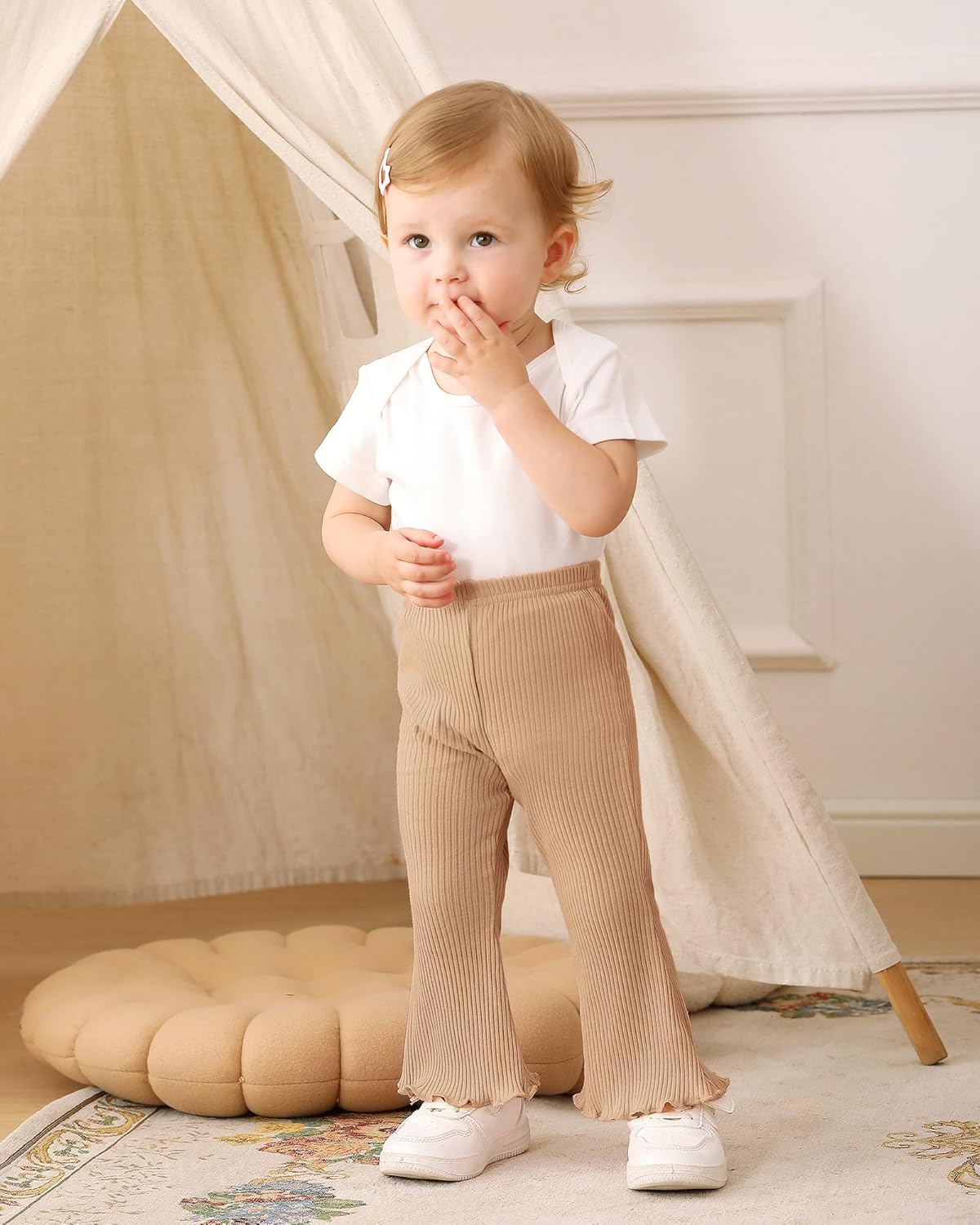 3 Pack Baby Girl Pants: Infant Solid Ribbed Flare Pants Cotton Pull On Bottoms Leggings for Toddler 0-24 Months - Image 2