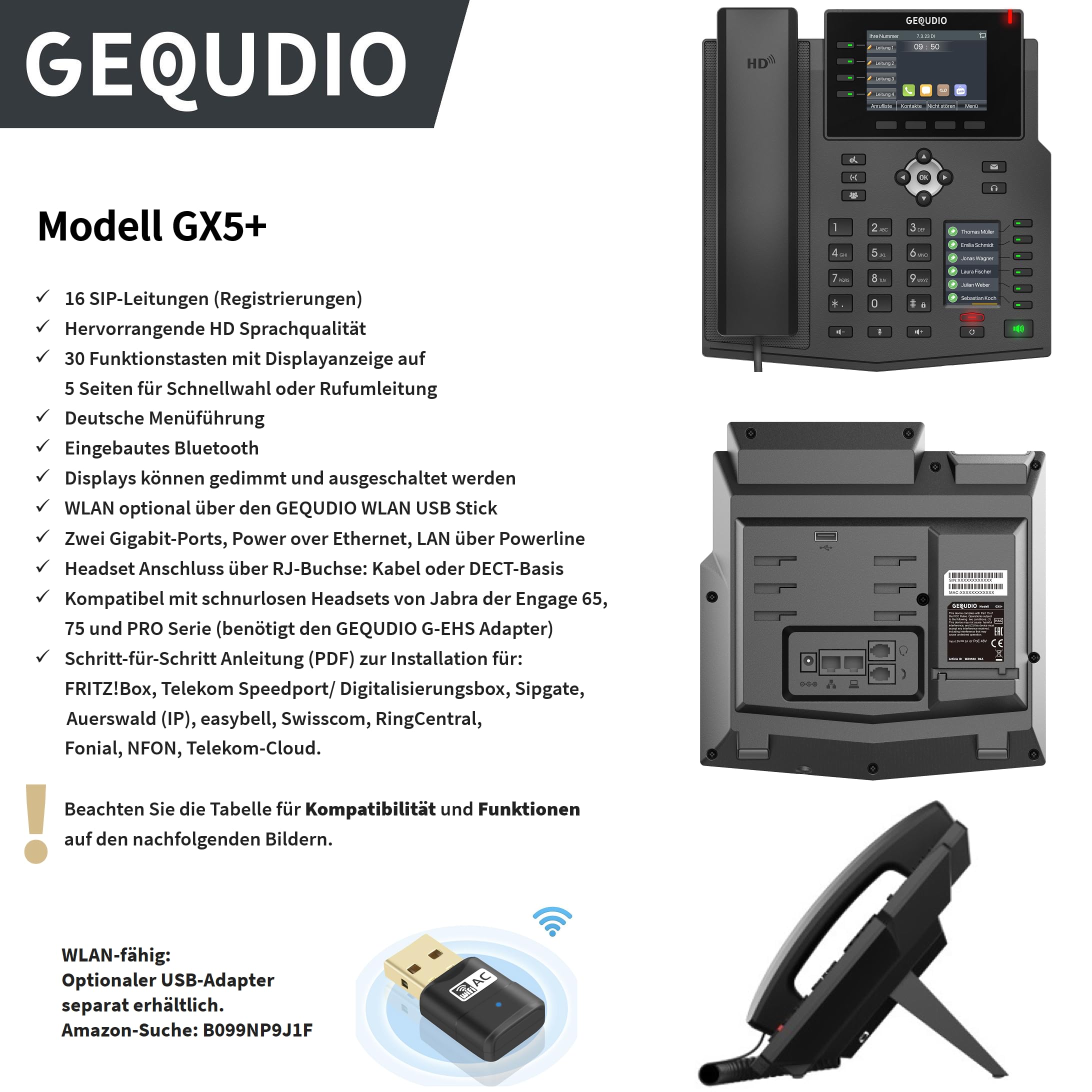 GEQUDIO GX5+ IP Telefon VoIP mit Netzteil für FritzBox, Telekom Speedport | Bluetooth Schnittstelle, 2x Farbdisplay, HD-Freisprechen, 30 Kurzwahltasten, Deutsche Anleitung (PDF)