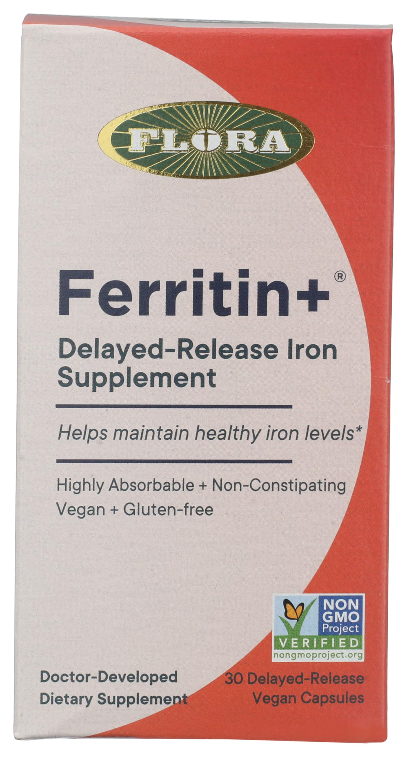 Flora Ferritin+ Delayed-Release Iron Supplement - Plant-Based Iron Supplement - Blood Cell & Energy Support - Vegan & Gluten-Free - Amber Glass Bottle - 30 Vegan Capsules