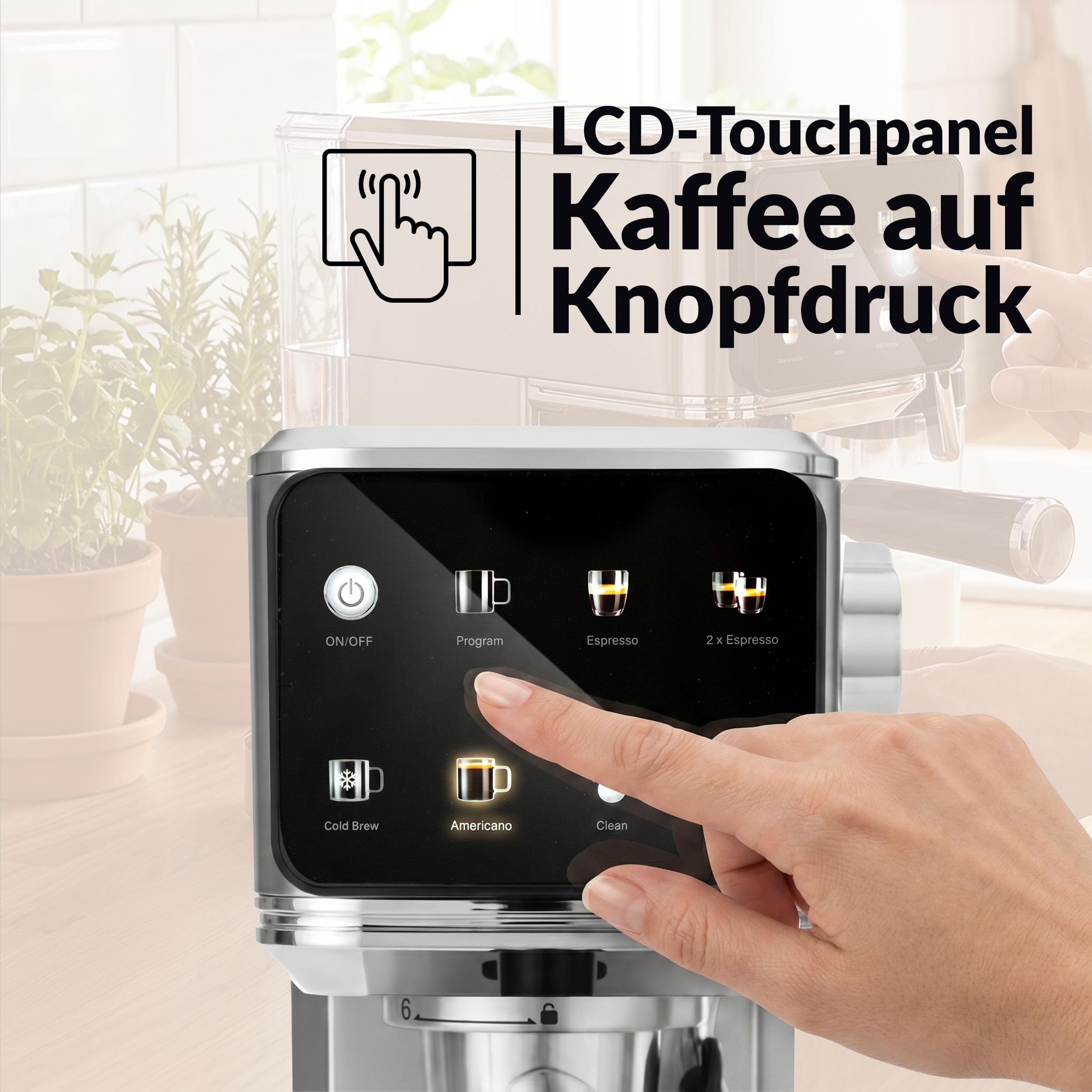 LEHMANN Bellagio Kolbowy ekspres do kawy 20 bar z funkcją spieniania mleka | Do kawy mielonej i kapsułek 37 mm, dotykowy wyświetlacz LCD, Cold Brew, Americano, zbiornik na wodę o pojemności 1,2 l