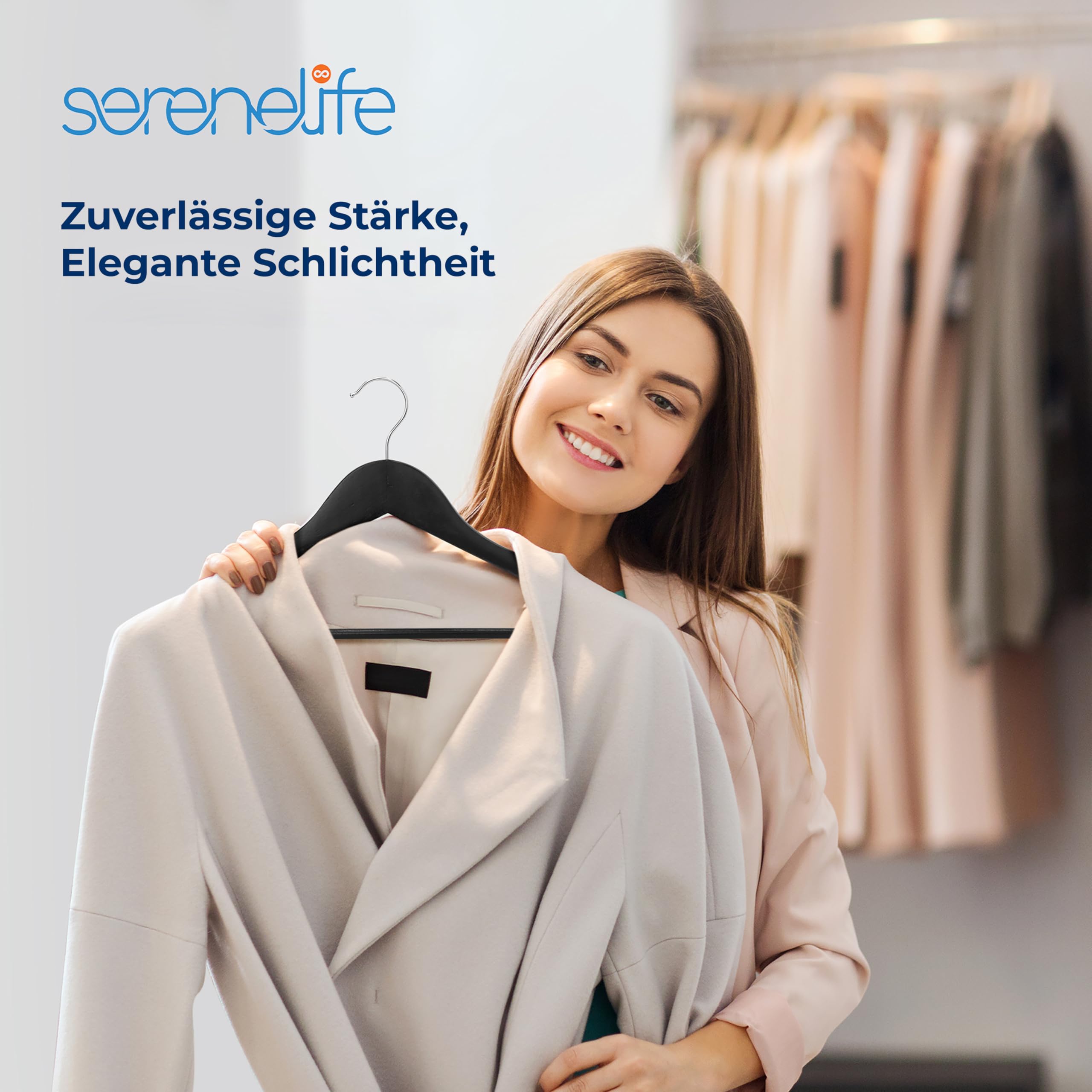 SereneLife Kleiderbügel Holz Schwarz für die Garderobe, Holzbügel 360° drehbarer Haken, Einkerbungen im Schulterbereich, Rutschfest & Robust, Aufhänger für Kleideraufbewahrung & Organisation, 50 Stück