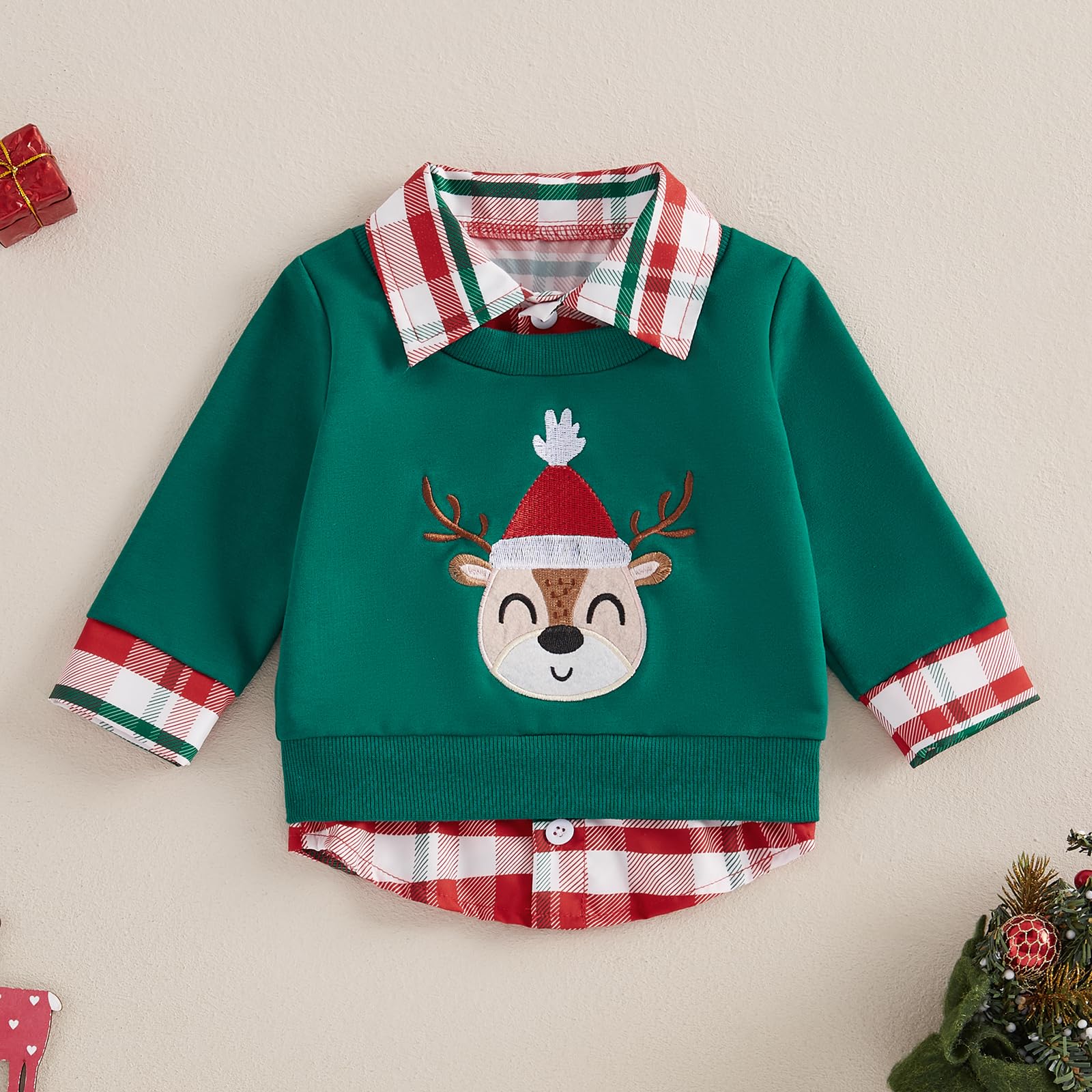 kacubwyy Toddler Boys Christmas Sweatshirt Plaid Santa/Reindeer Lapel Neck Casual Two Fake Piece Pullover Sweater (Deer,18 Months)